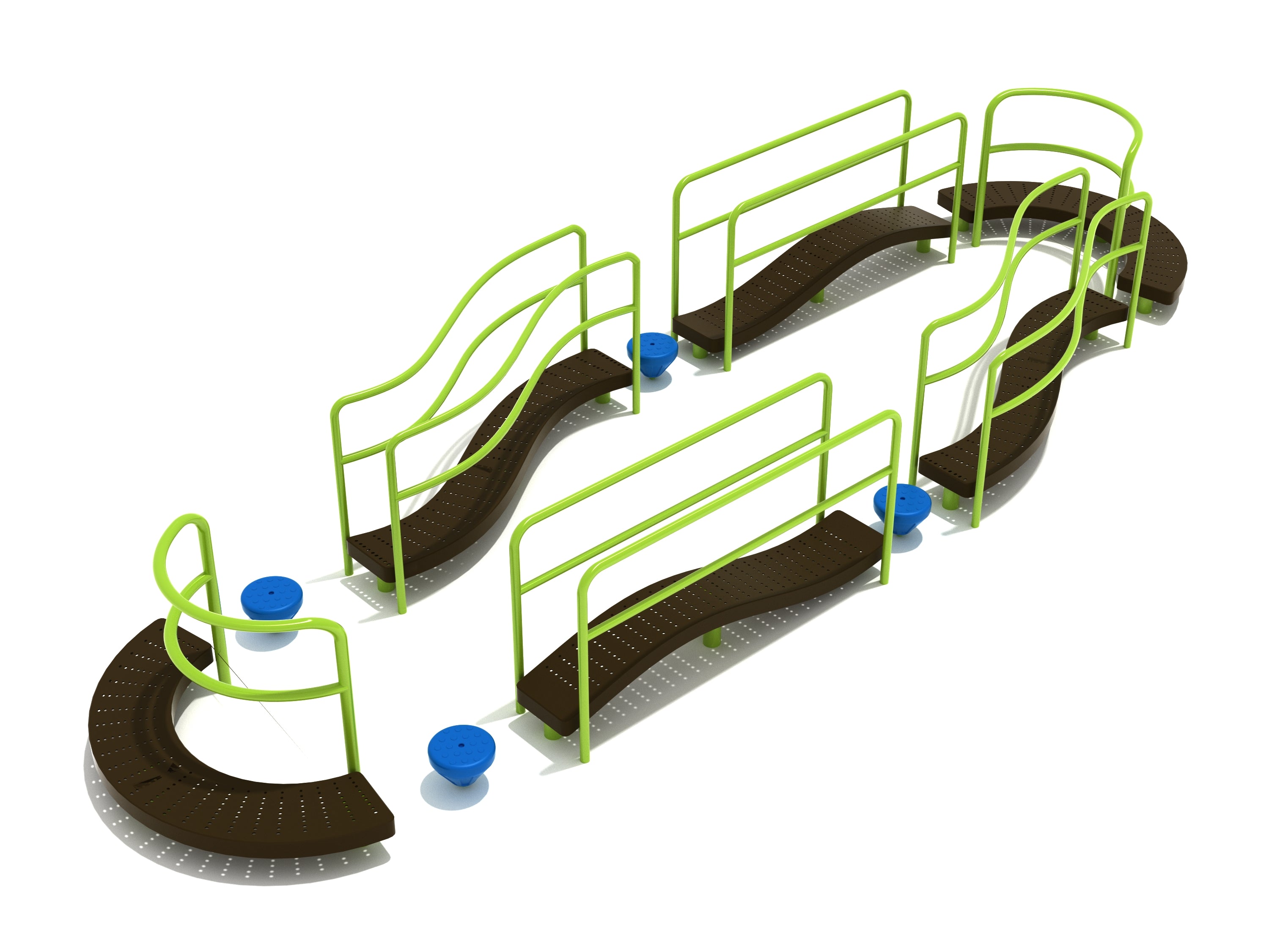 Oval playground balance track with curved and straight brown beams, green steel guardrails, and blue stepping pods in an oval layout.
