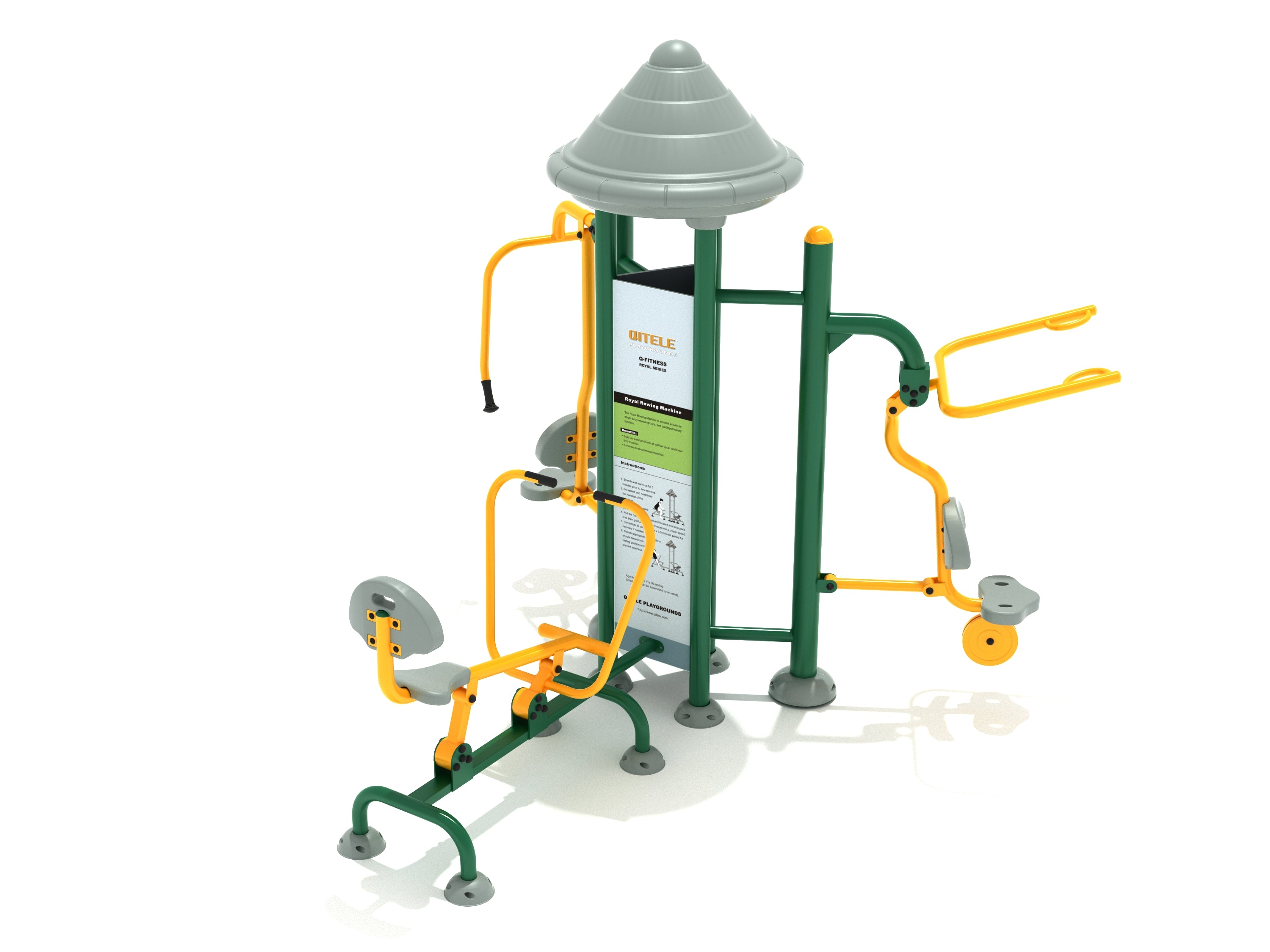 Royal Triple Upper Body Combo Station with green and yellow frame, three workout seats, and gray canopy for outdoor fitness