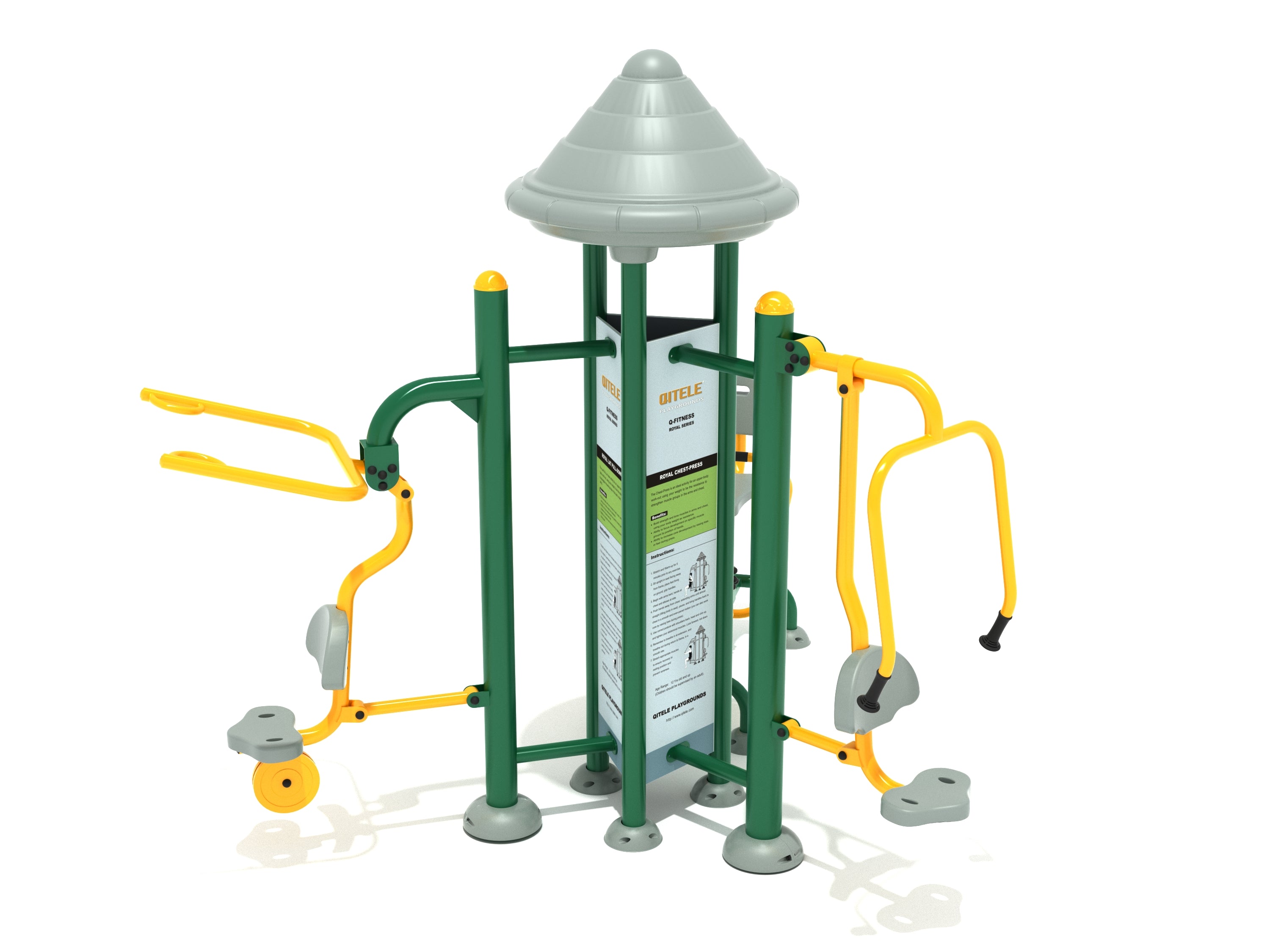 Outdoor triple upper body workout station with green and yellow steel frame, gray seats, and conical roof, angled view.
