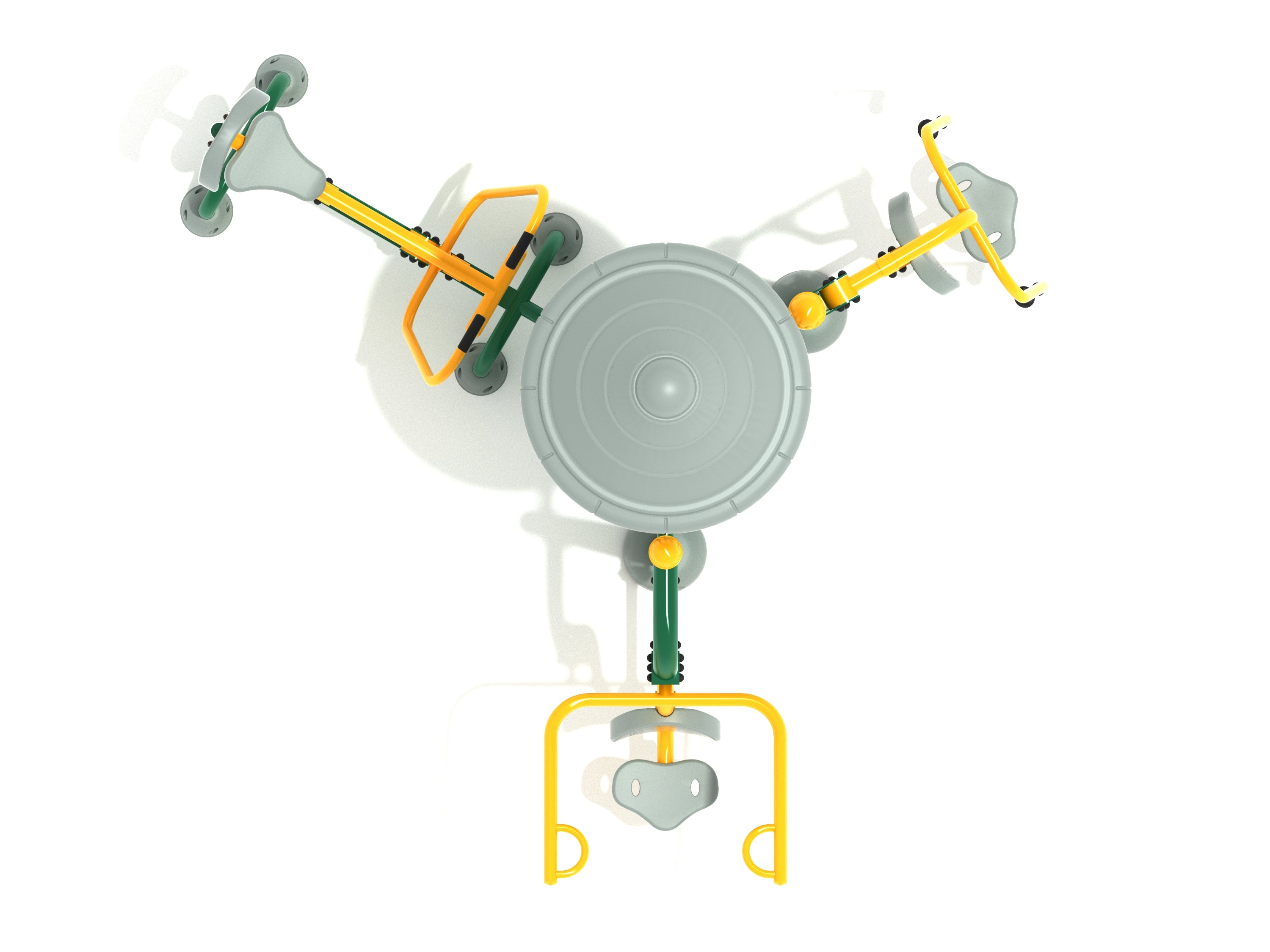 Overhead view of a triple outdoor upper body workout station with three gray seats and yellow-green metal frame