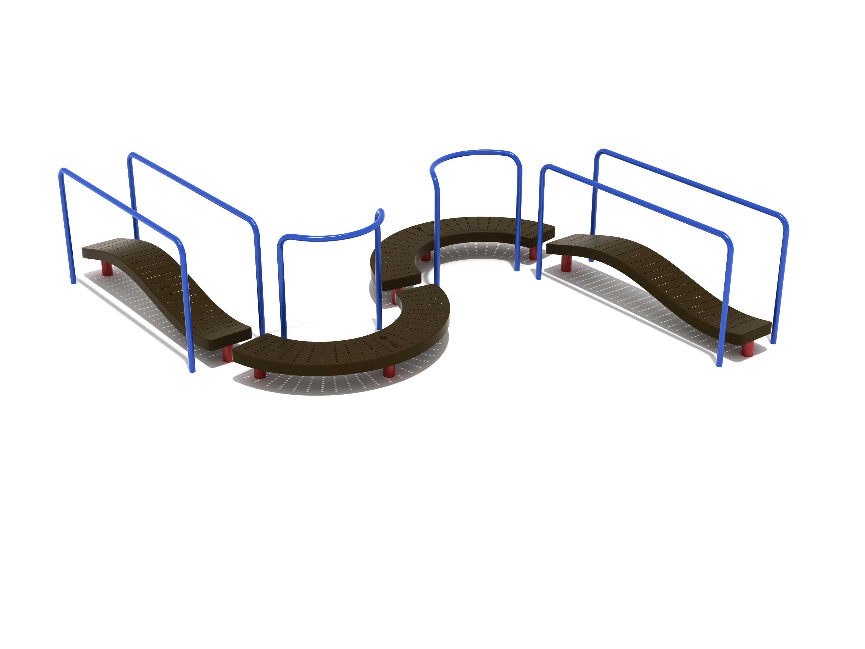 Curved S-shaped perforated steel balance beams with blue galvanized guardrails forming a playground climbing structure