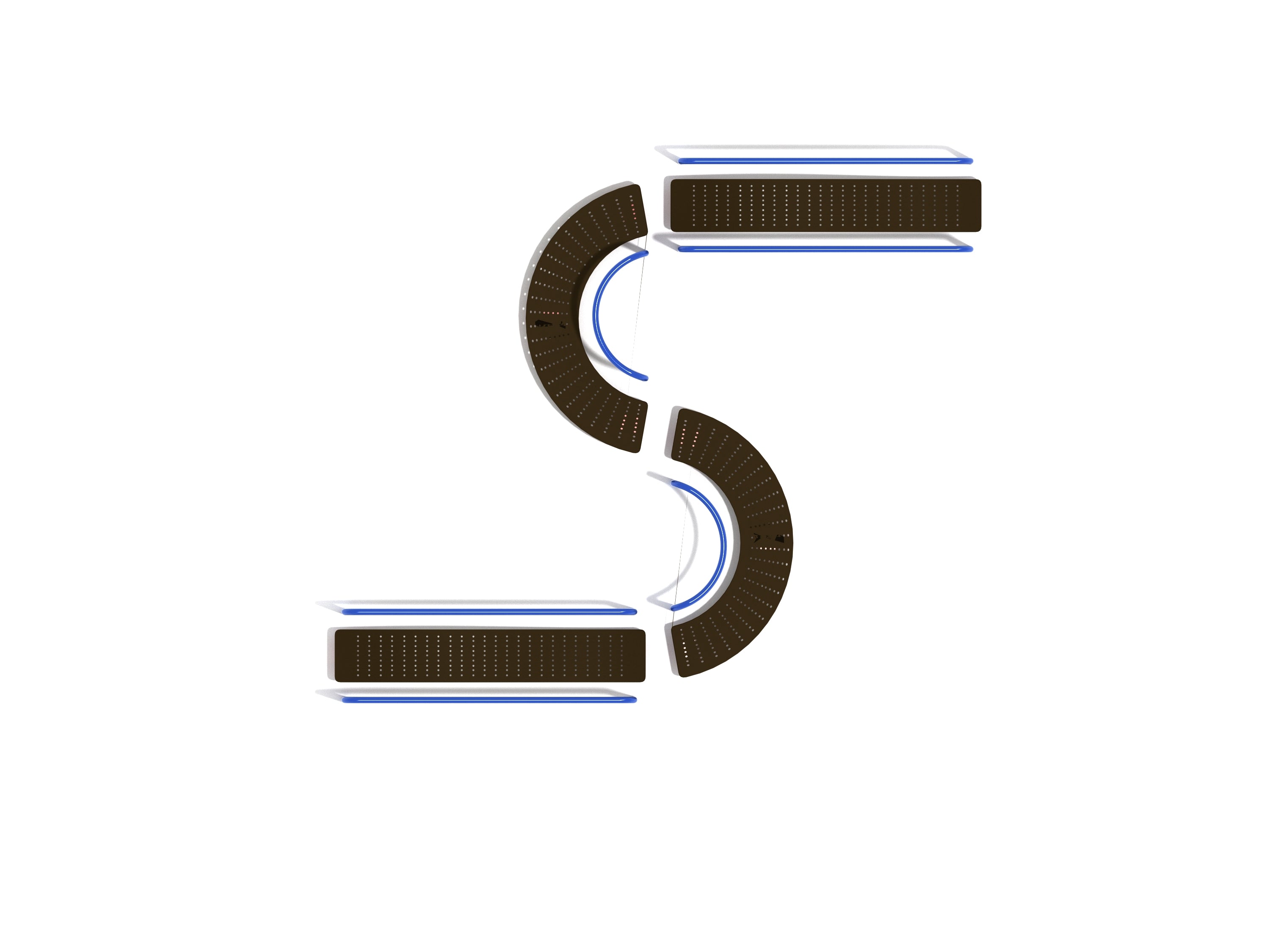 Overhead view of S-shaped playground balance beam with perforated steel deck and blue galvanized guardrails