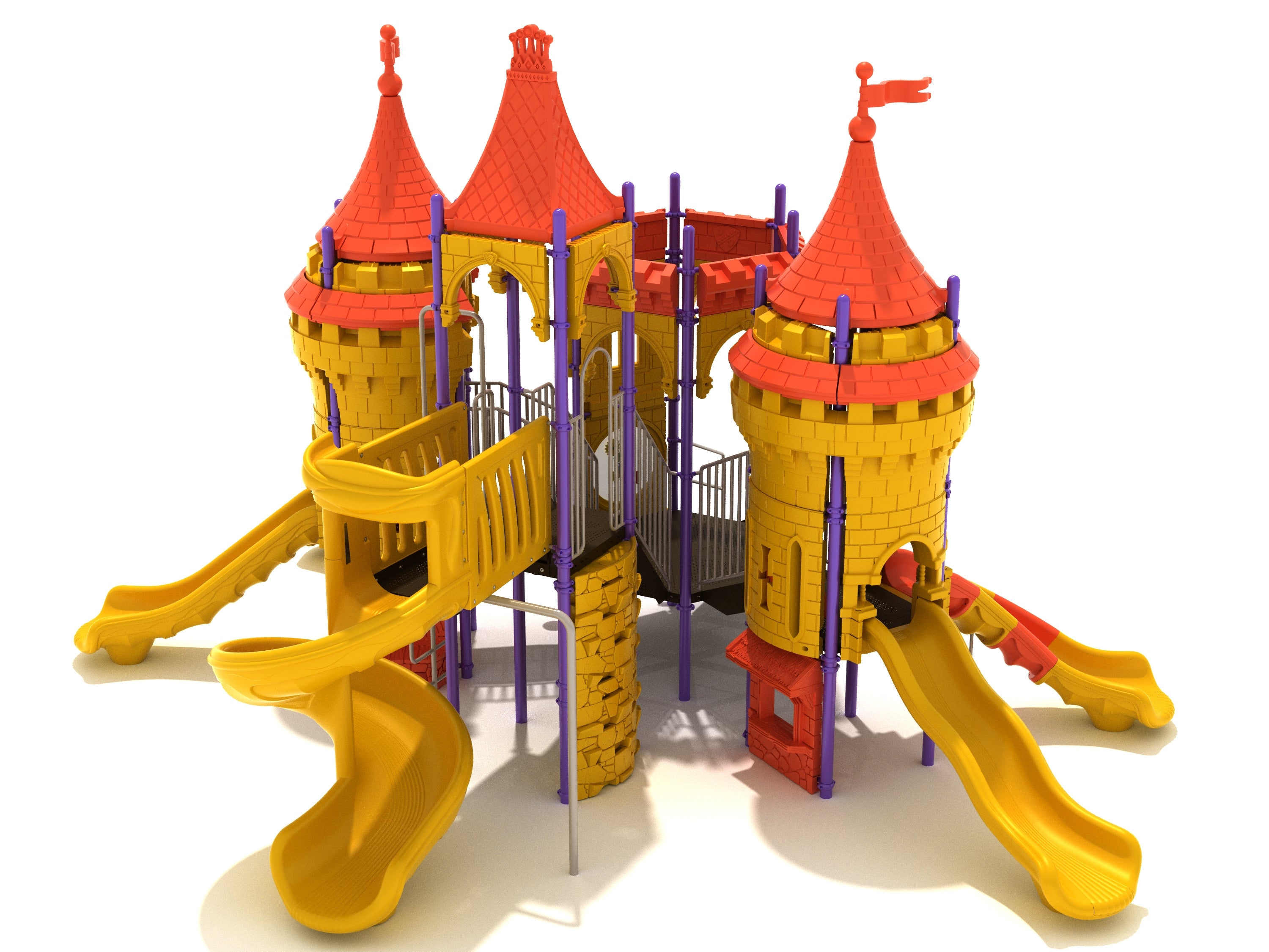 Castle-themed playground with red turrets, yellow slides, purple supports, climbing walls, and interactive play panels