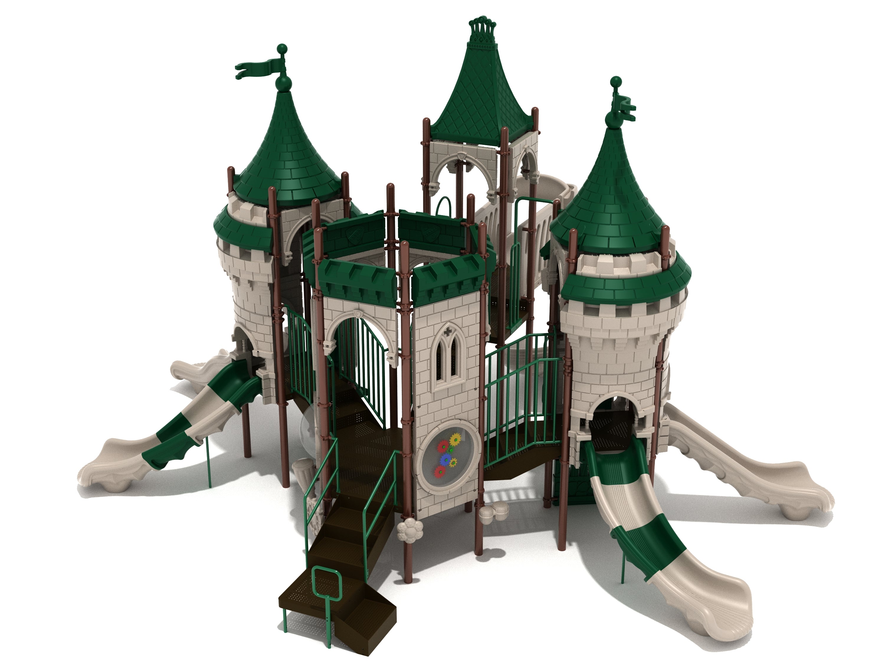 Castle-themed playground with green turrets, multiple slides, climbing walls, and interactive play panels for active, imaginative play.