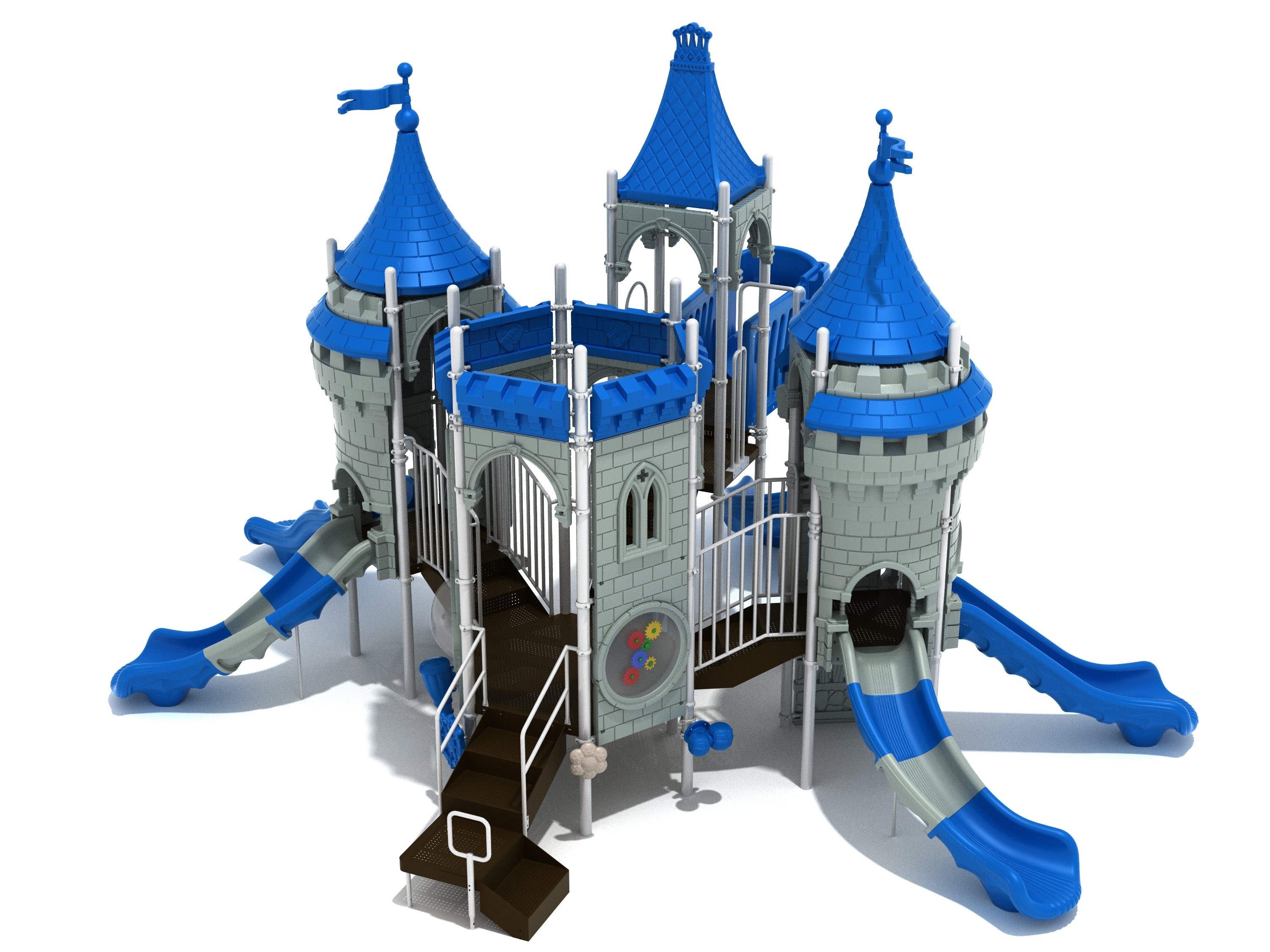 Kingdom's Keep Playground with castle-themed towers, blue and gray slides, climbers, and interactive play panels