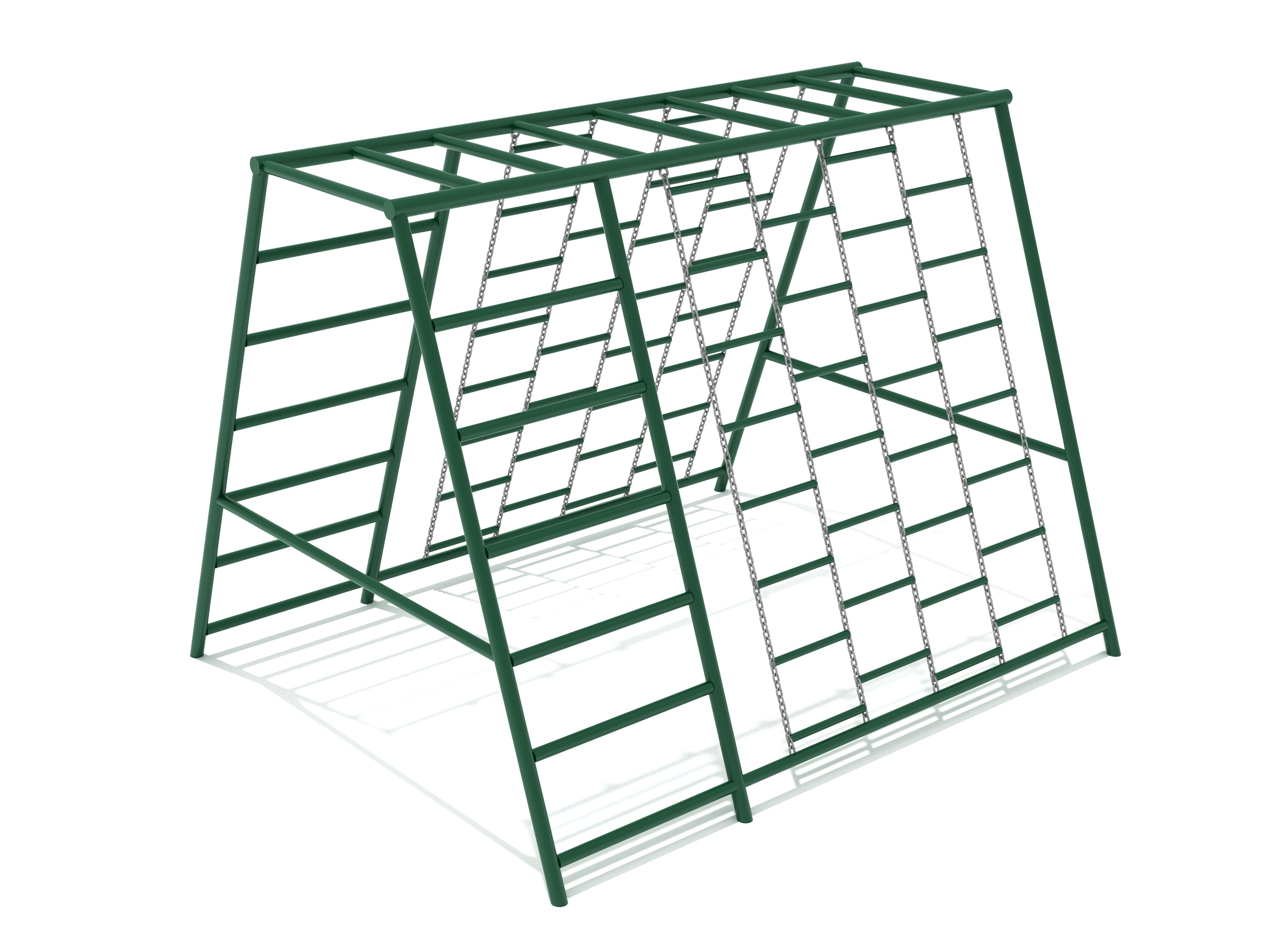 A-frame Chain Tower Climber with green metal frame, chain ladders, overhead bars, and chain grids for playground climbing.