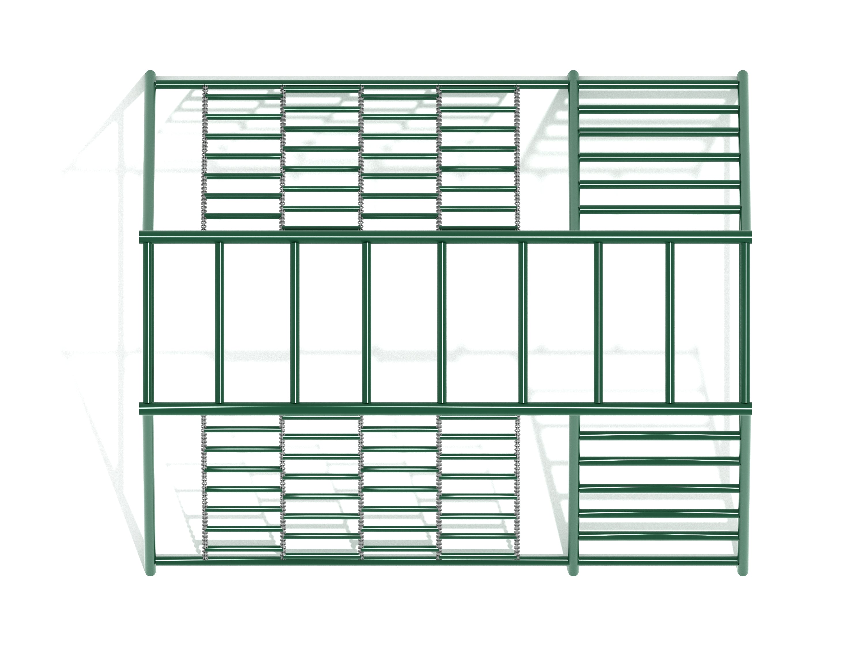 Overhead view of green A-frame playground climber with chain grid panels and horizontal ladder bars