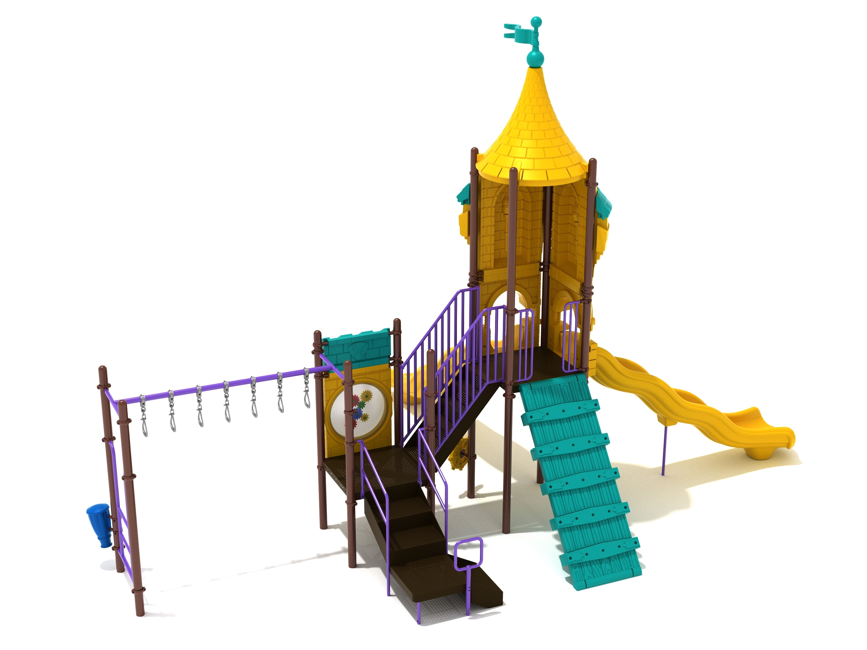 Flight of Fairies Playground with castle tower, yellow wavy slides, climbing ramp, overhead swinging rings, and interactive panels