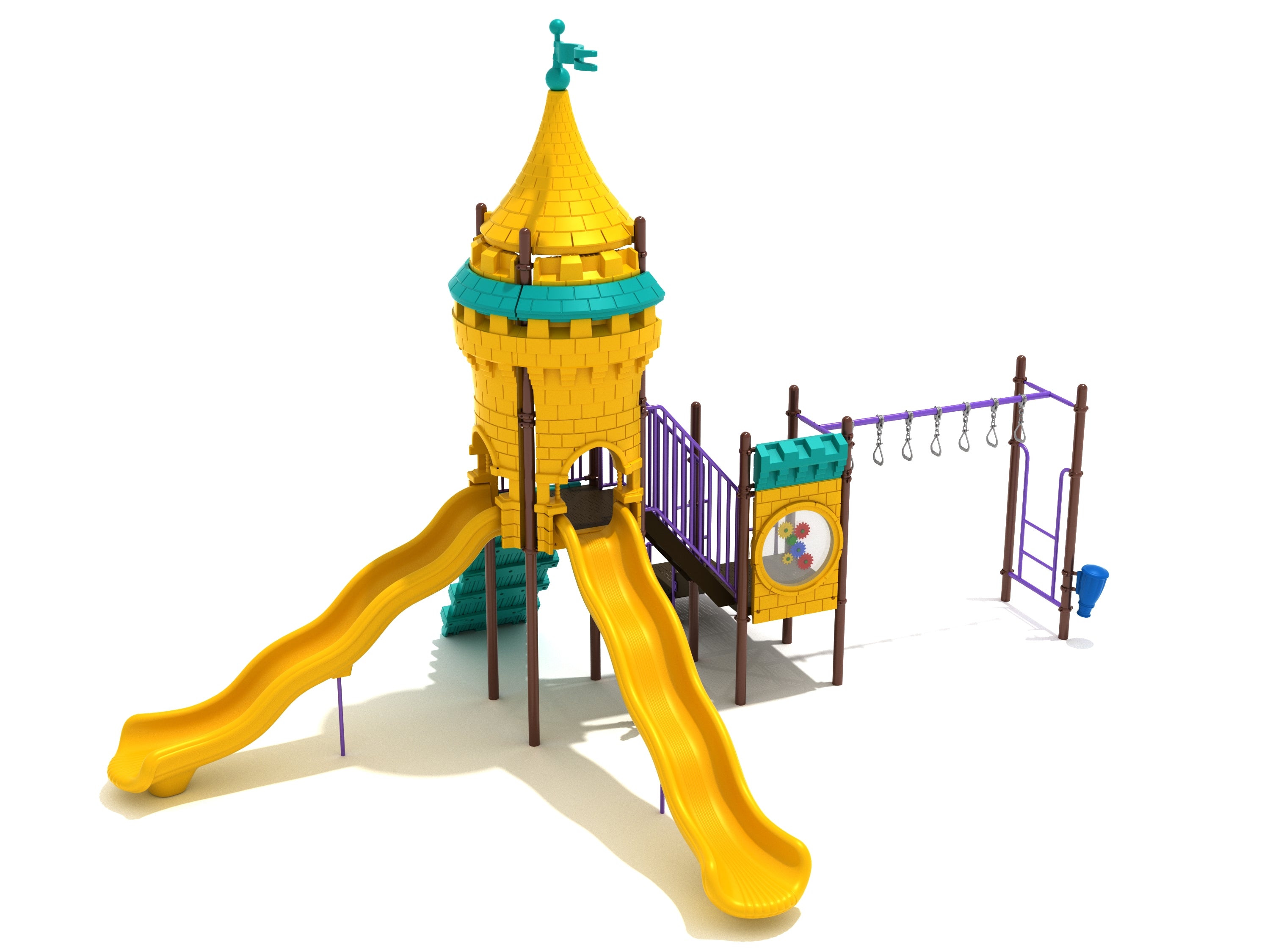 Castle-themed playground with yellow wavy slides, purple climbing bars, and an interactive gear panel for imaginative play.
