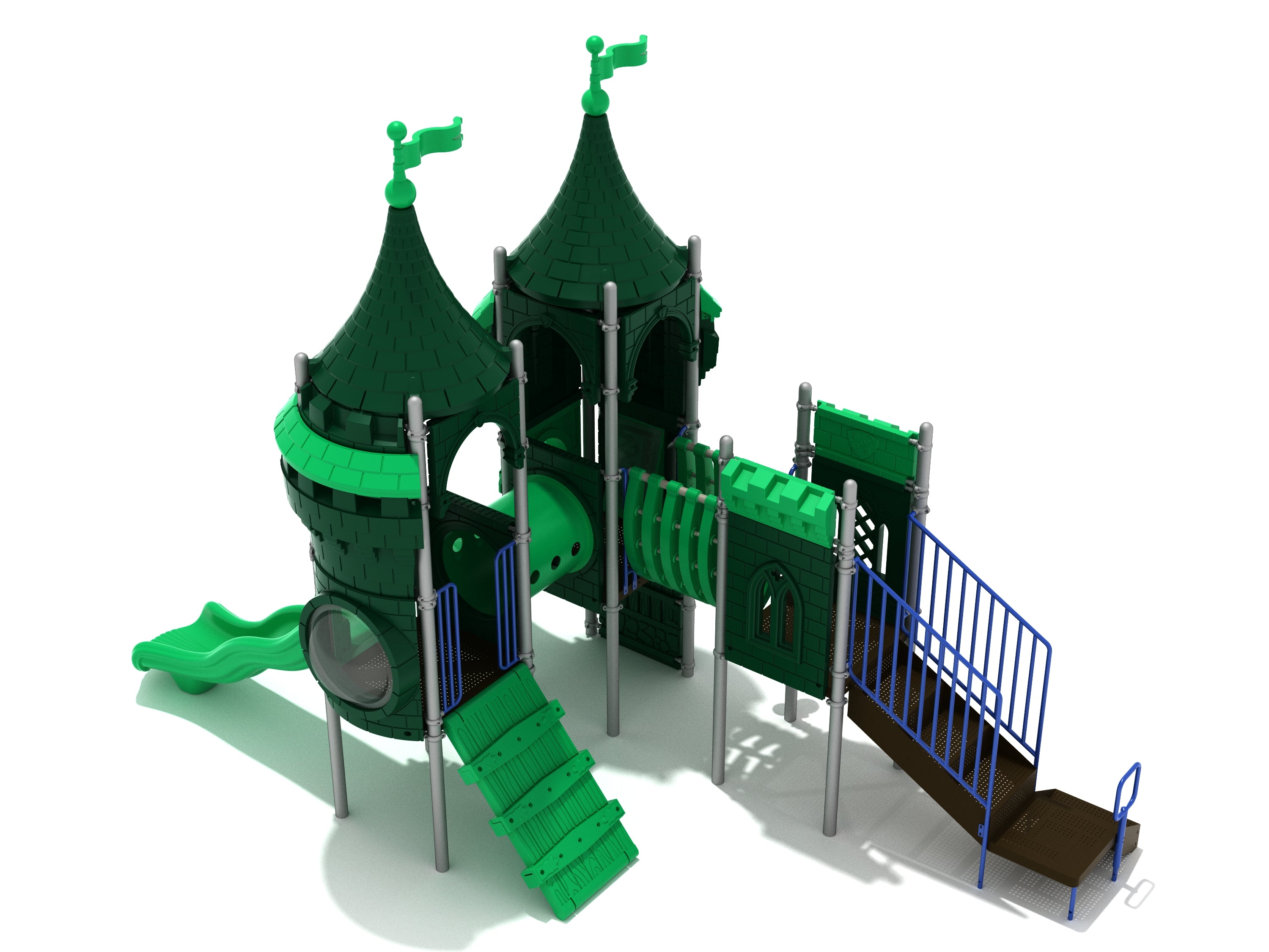Castle-themed playground with two round-roof towers, connected bridges, curvy slides, climbing ramp, and interactive musical panels.