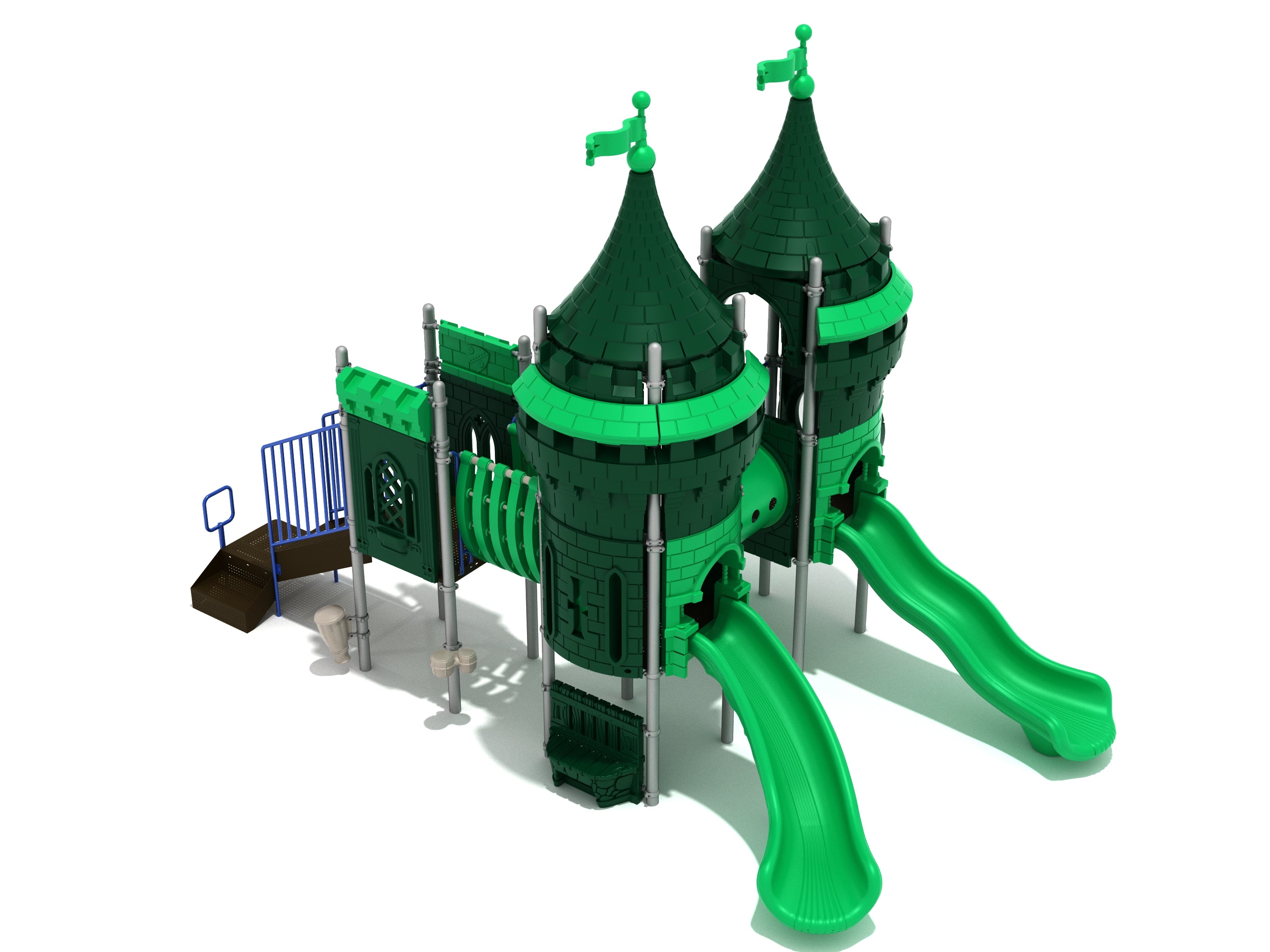 Jade Paradise Playground with green castle towers, twin curved slides, tube bridge, musical drums, and interactive panels