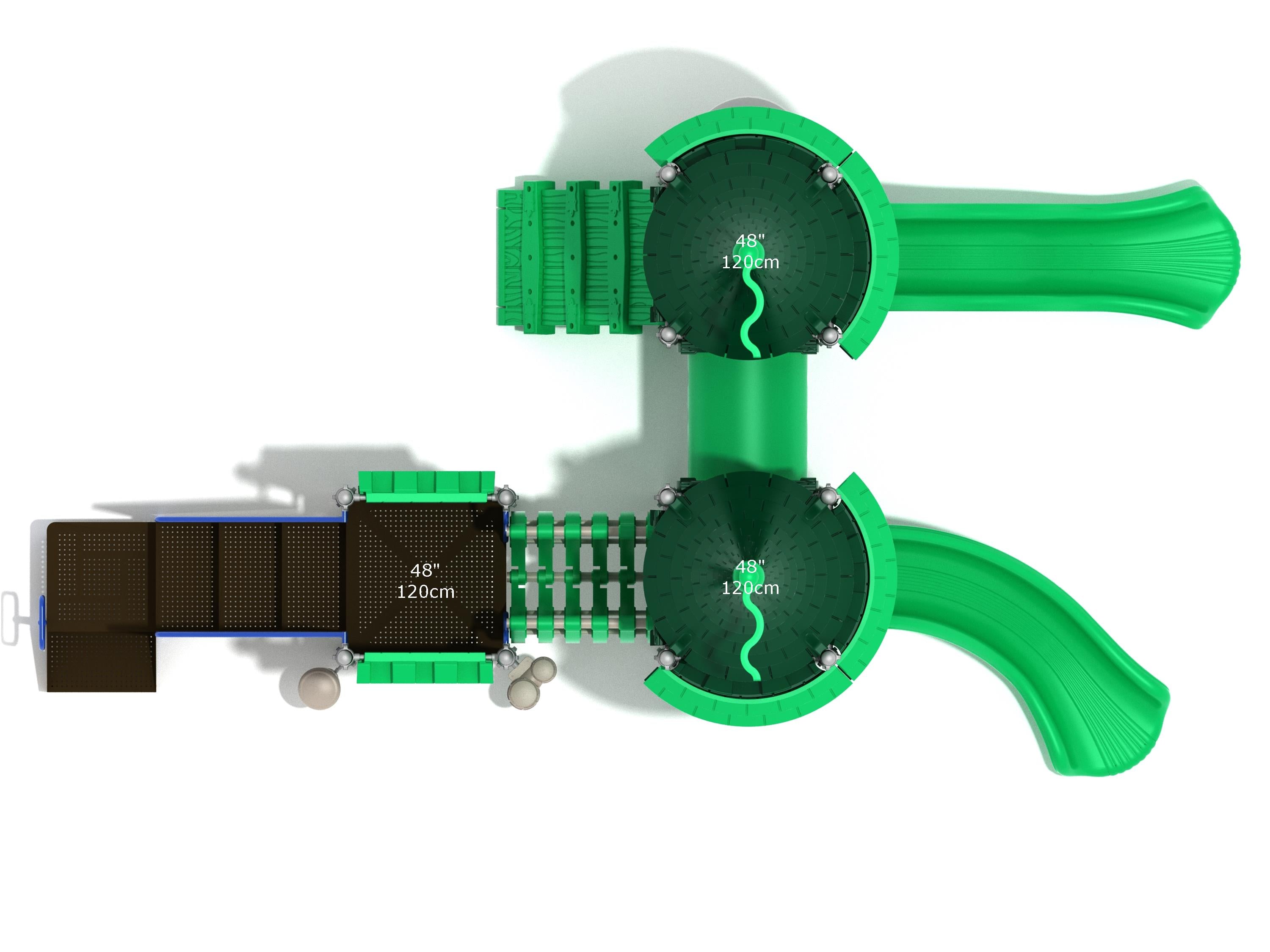 Overhead view of green castle-themed playground with two round towers, connected bridges, and two curvy slides