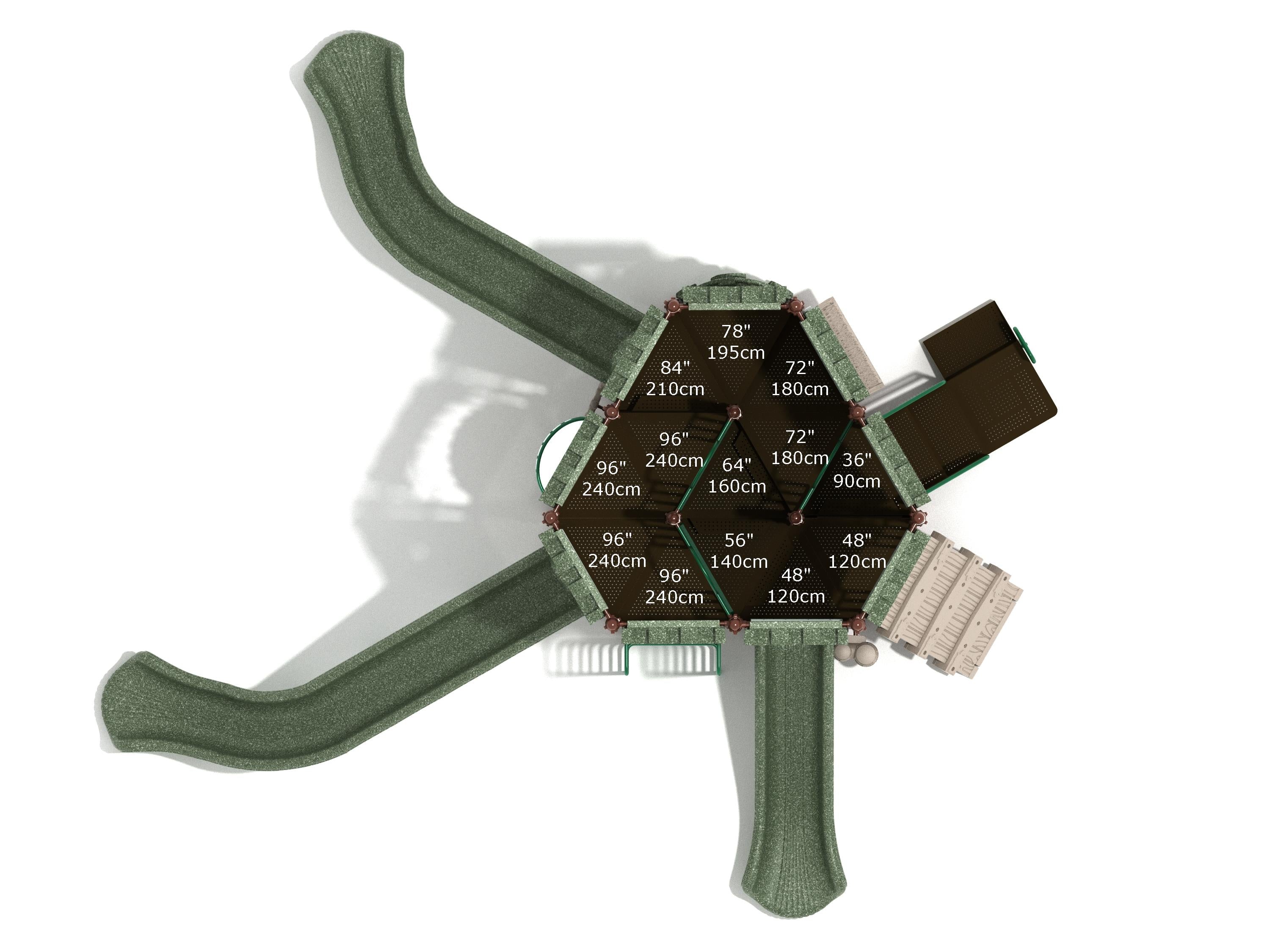 Overhead view of a large green castle-themed playground structure with multiple slides, climbers, and interactive play panels