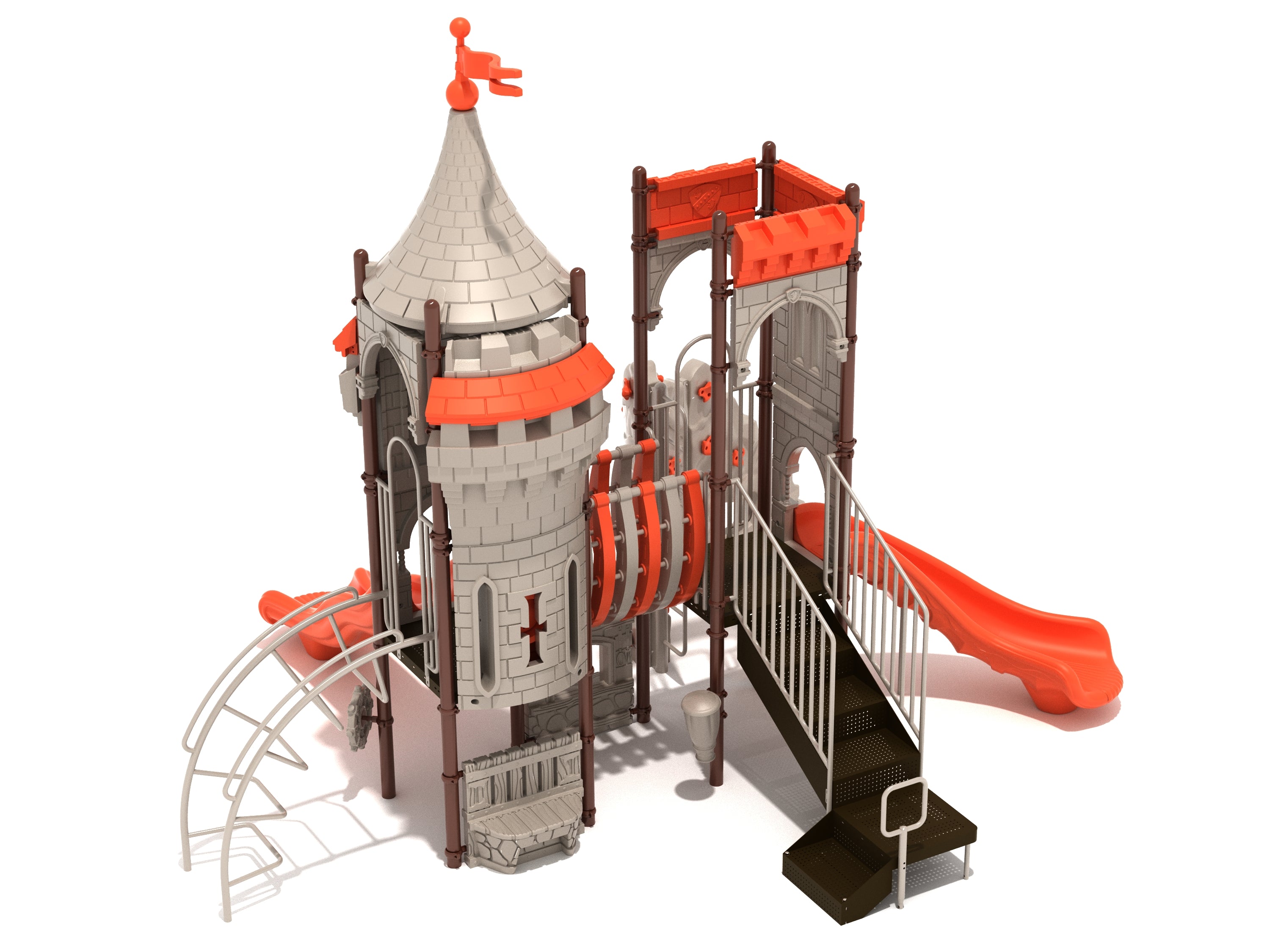 Castle-themed playground with turret roof, orange twisty and wavy slides, climbing ladder, and connecting bridge