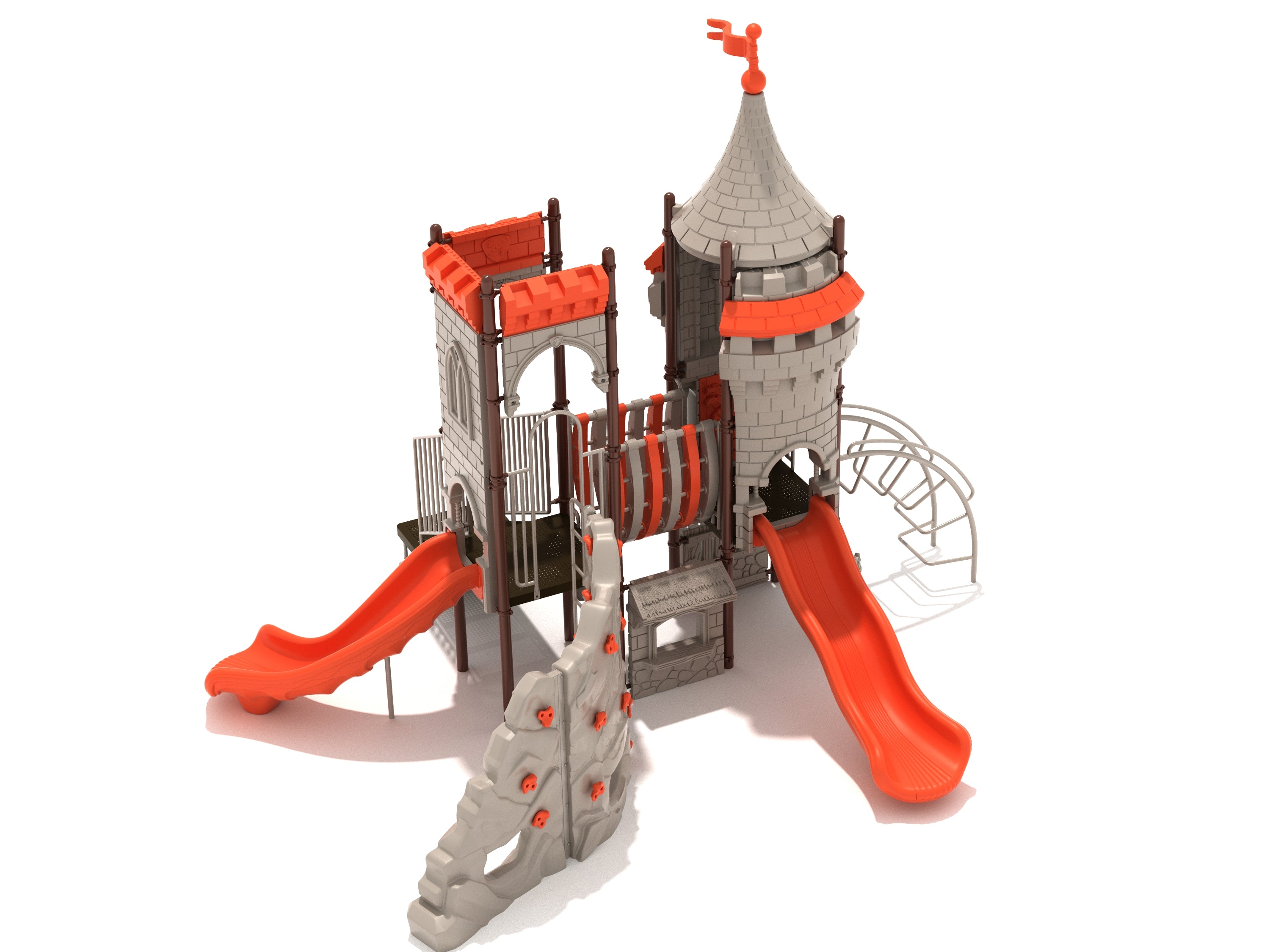 Musketeer Manor Playground castle-themed play system with turret roof, orange slides, rock climber, bridge, and activity panels
