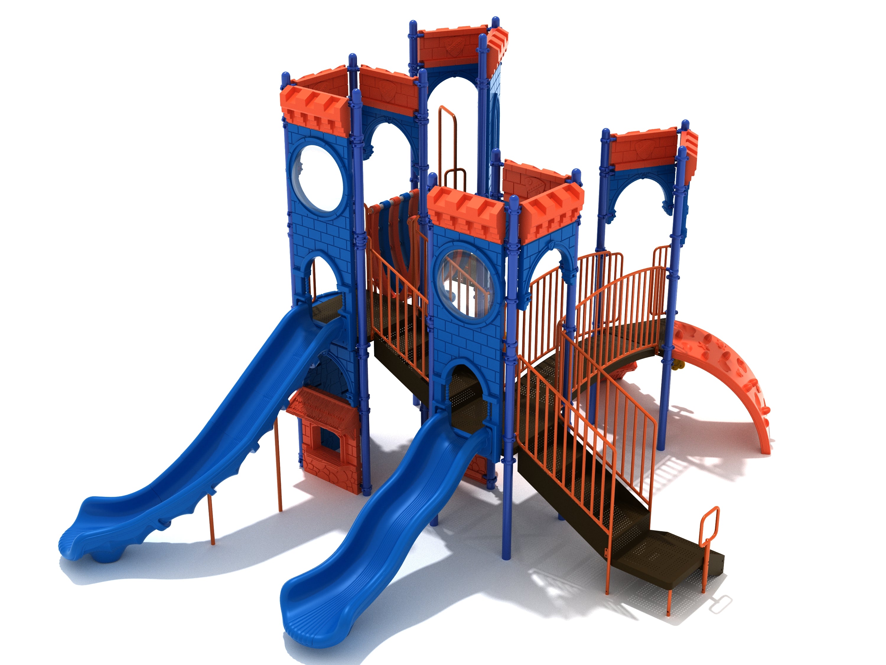 Castle-themed playground with dual blue wave slides, curved orange ramp, bridge, arch climber, and tower panels