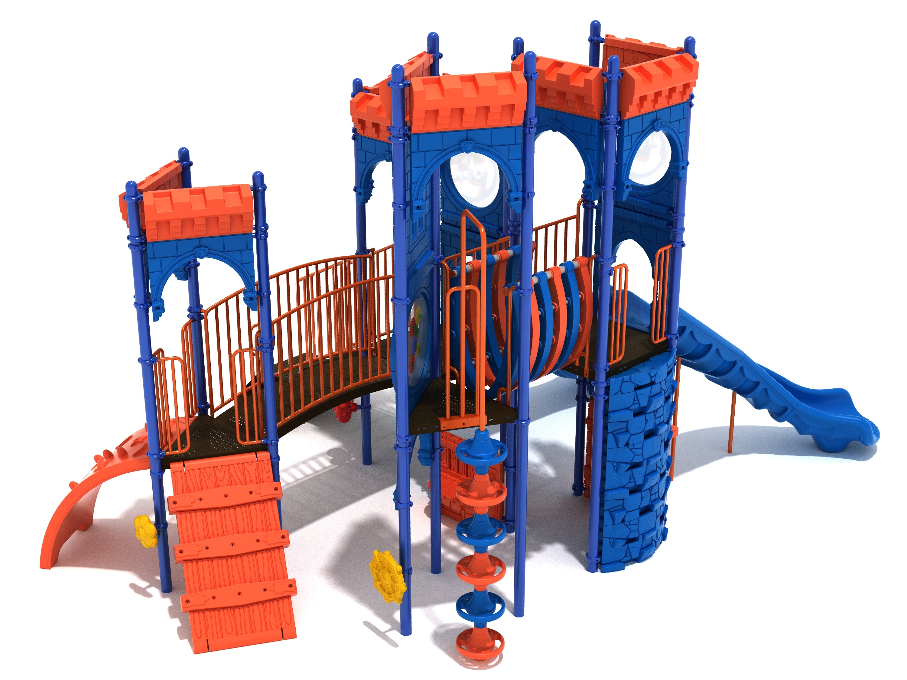 Blue and orange castle-themed playground with towers, bridge, wave slide, rock wall climber, spiral steps, and play panels