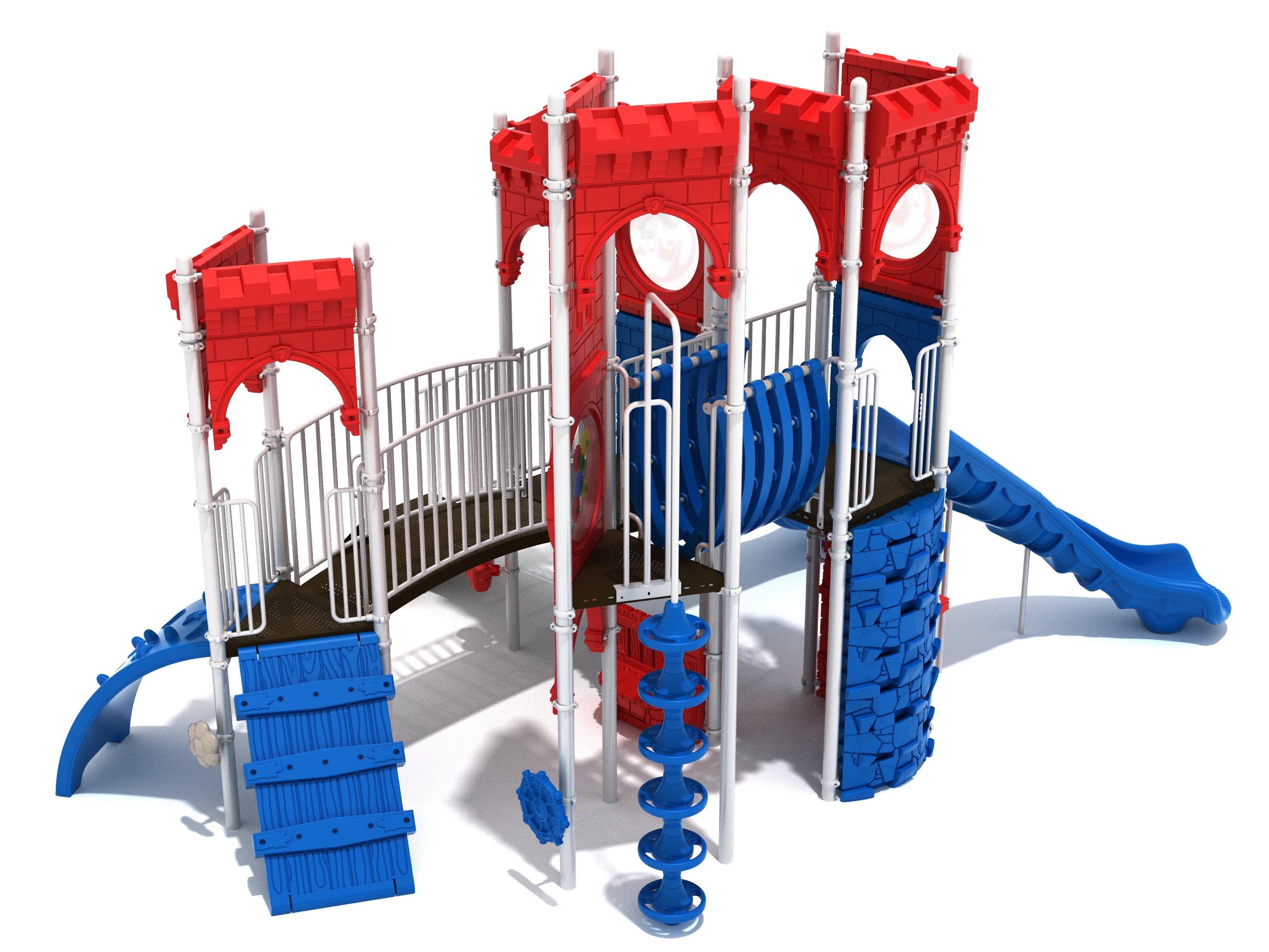 Castle-themed playground with red turrets, blue wave and right-turn slides, rock climber, spiral pole, and arched bridge