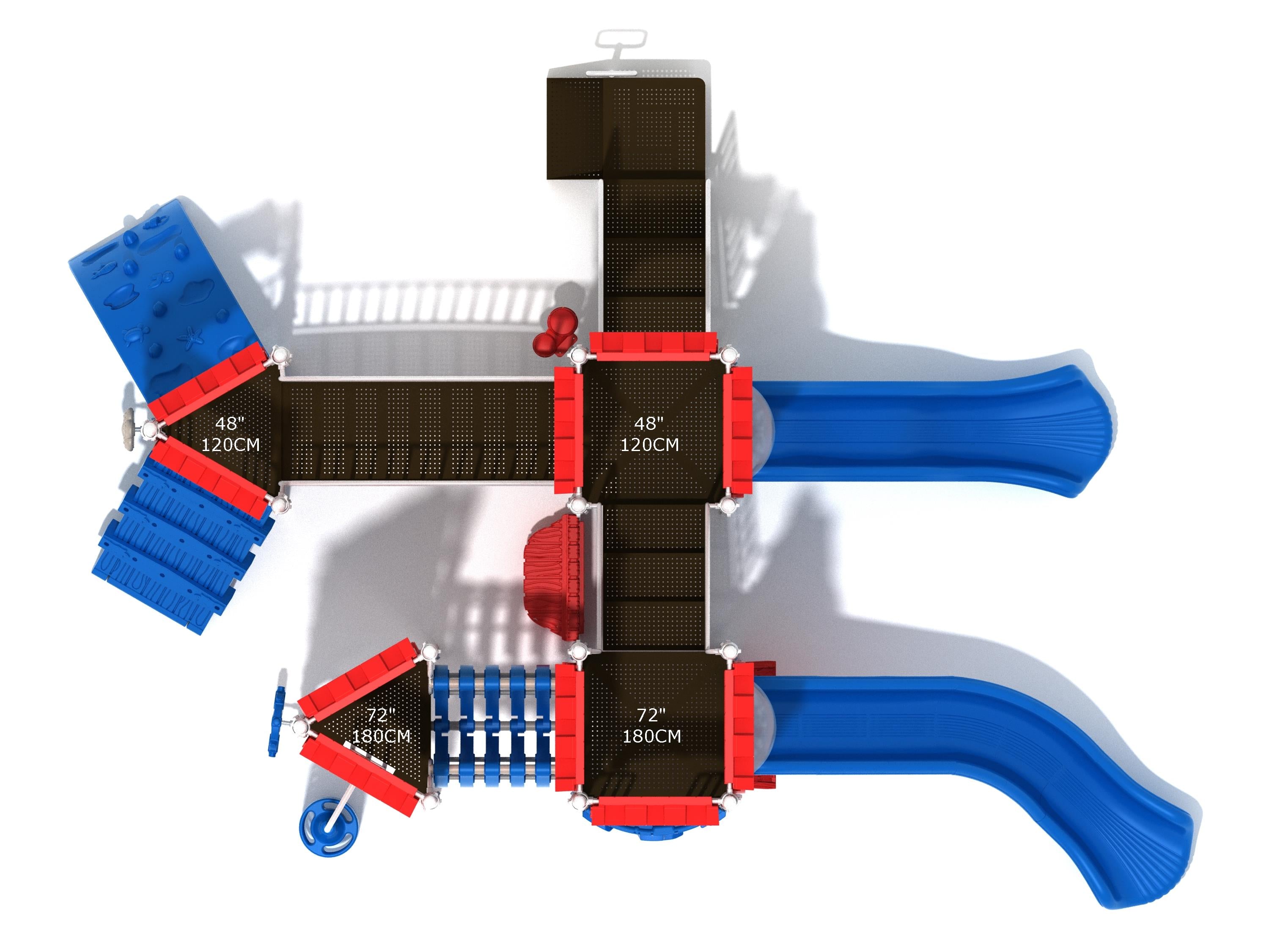 Overhead view of castle-themed playground with blue slides, rock wall climber, rain wheel, and interactive play panels