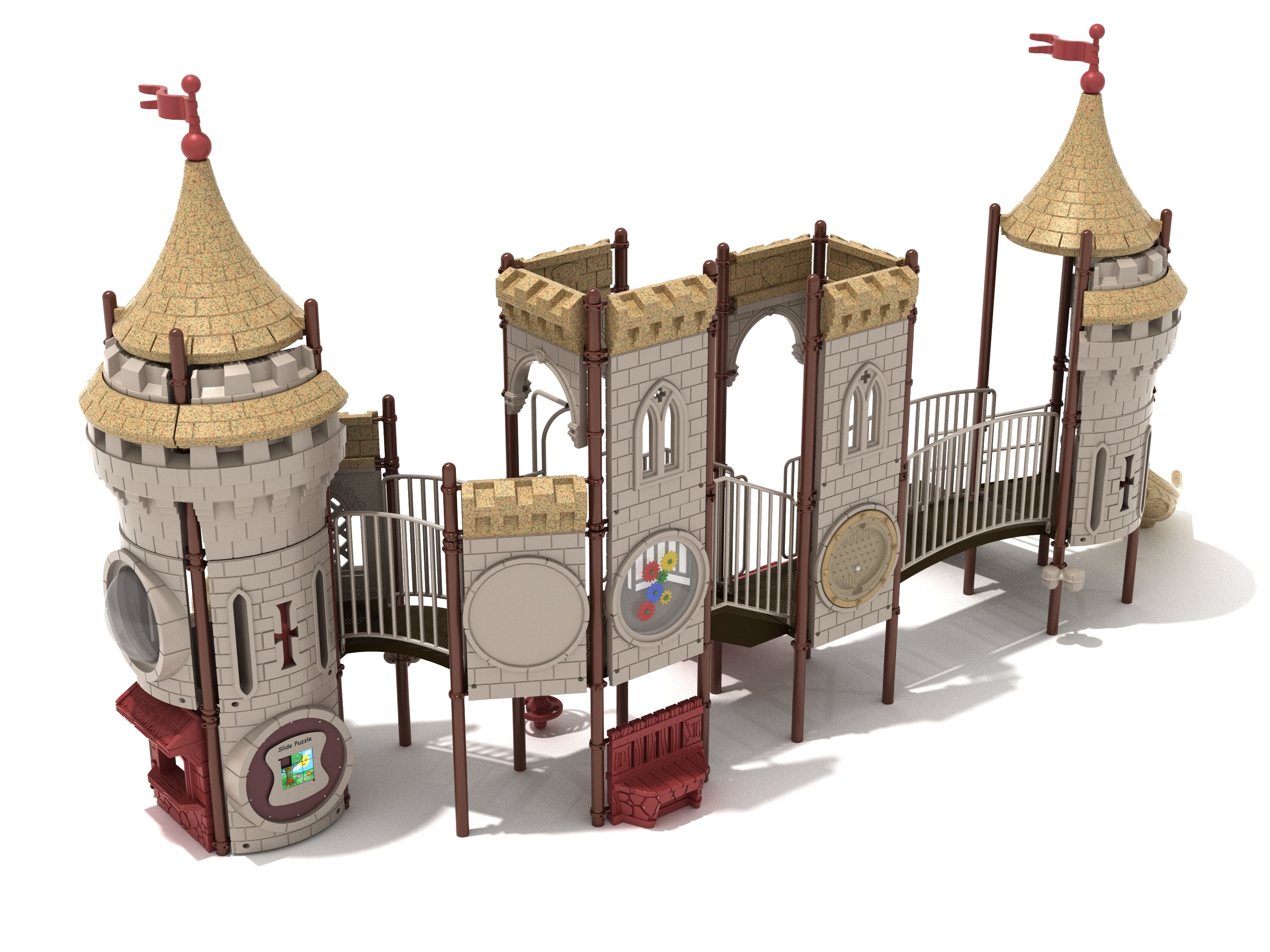 Castle-themed playground with turrets, bridges, slides, musical bongos, activity panels, and interactive sensory features.