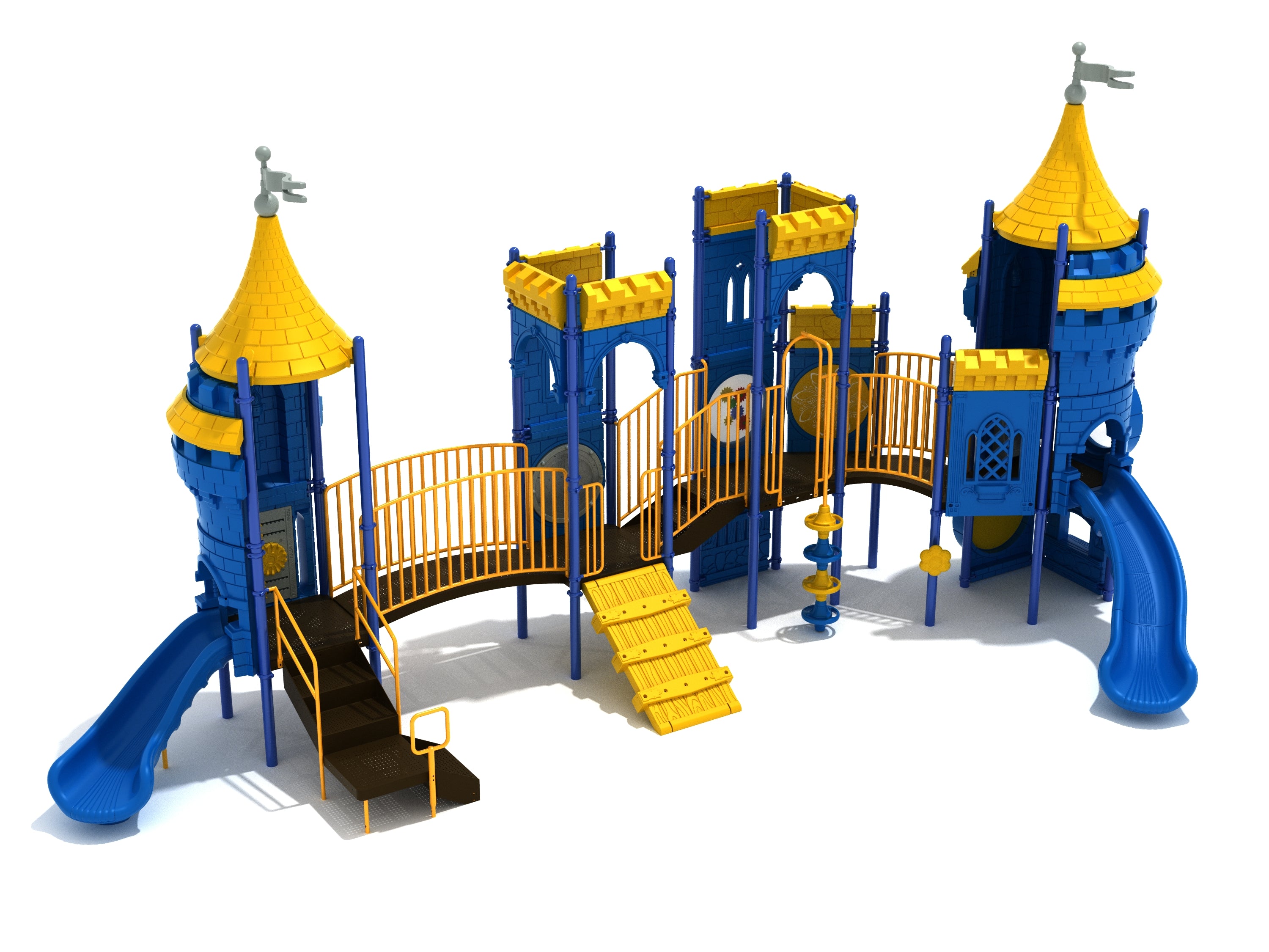 Castle-themed playground with blue towers, yellow roofs, slides, ramps, and interactive play panels including musical and puzzle elements.