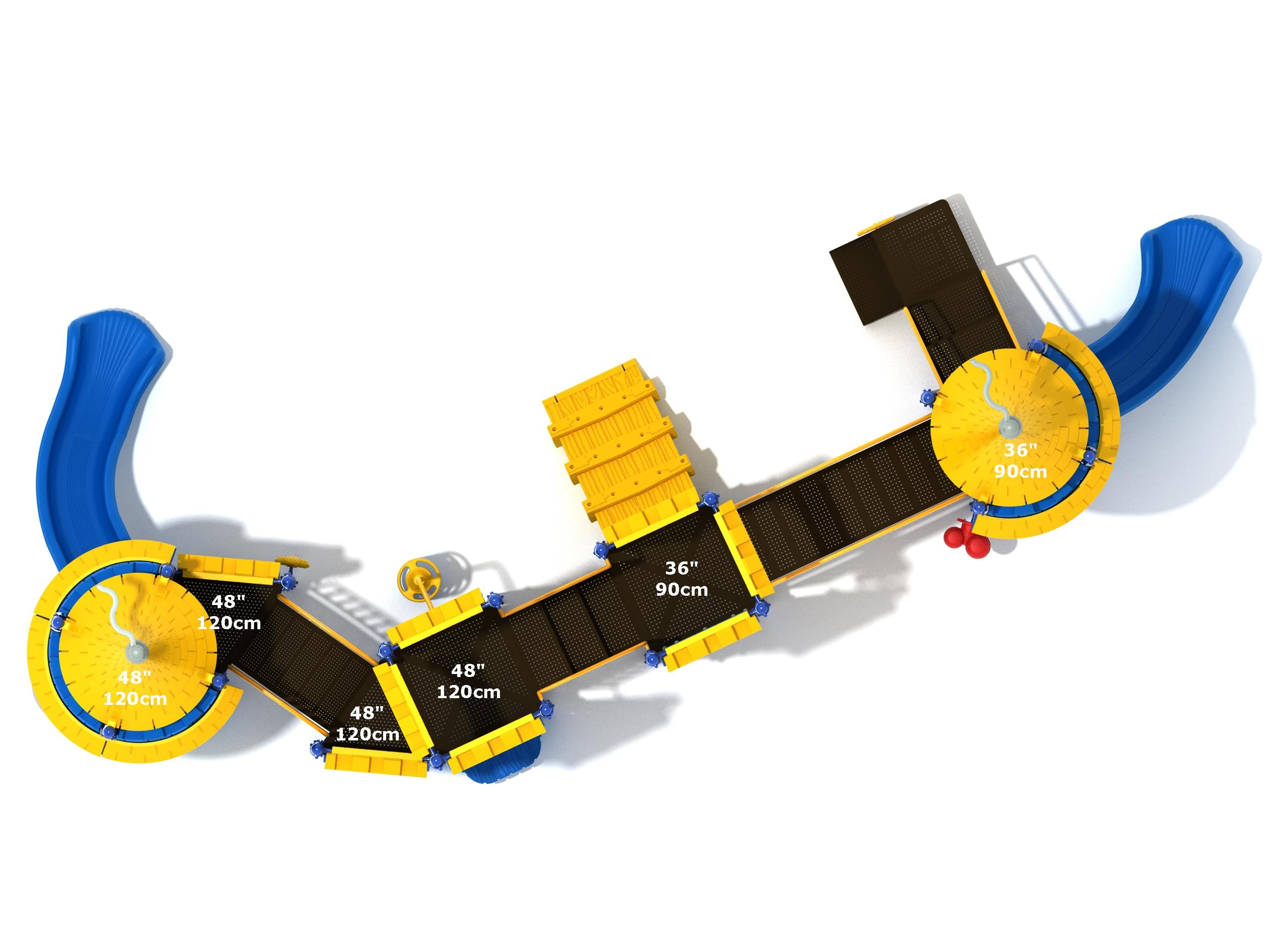 Overhead view of a yellow and blue castle-themed playground with slides, bridges, interactive panels, and sensory play elements