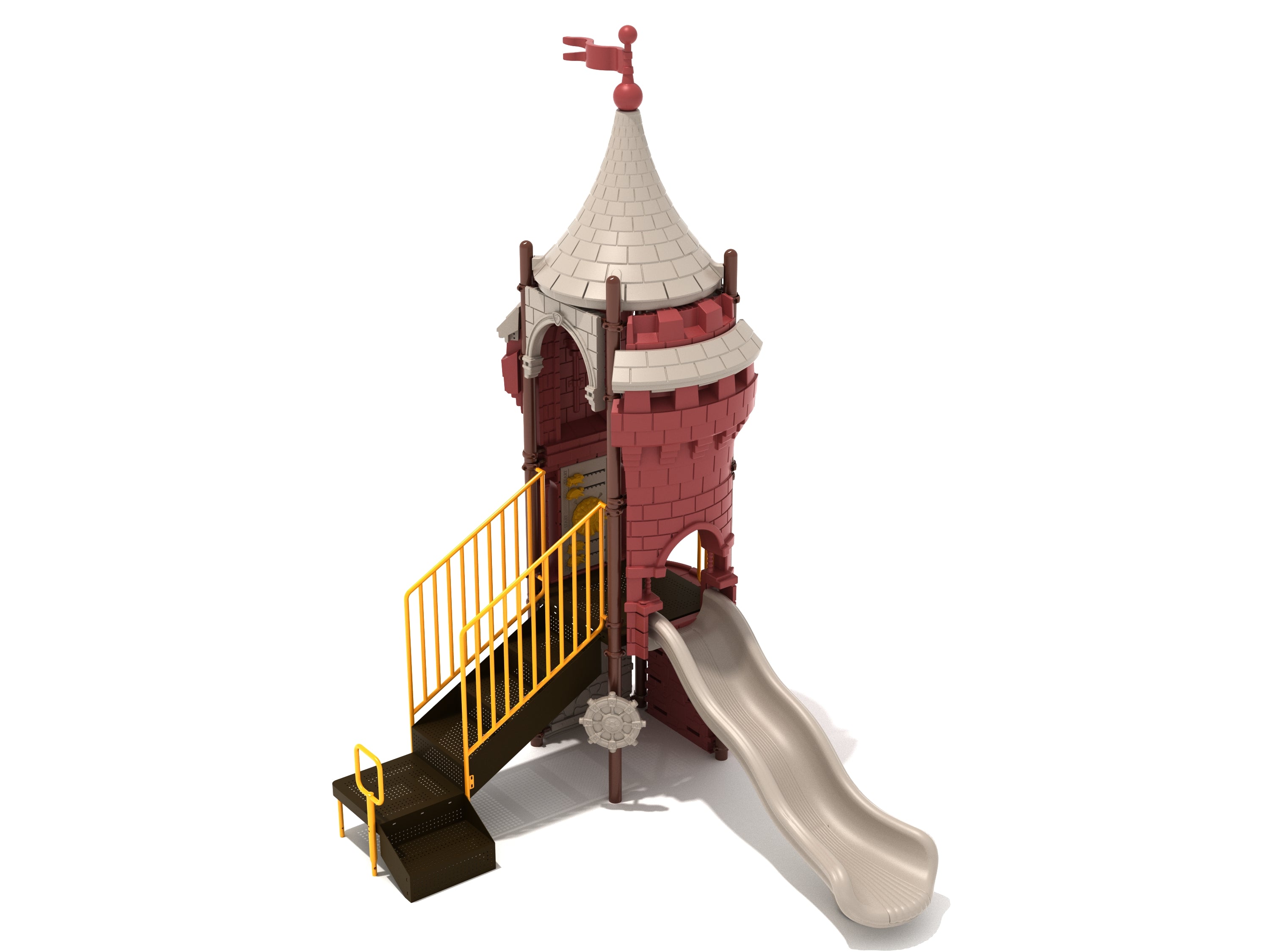 Chancellor's Chamber Playground with castle-themed tower, beige wave slide, yellow rail stairs, ship’s wheel, and Hare and Tortoise Racing Panel