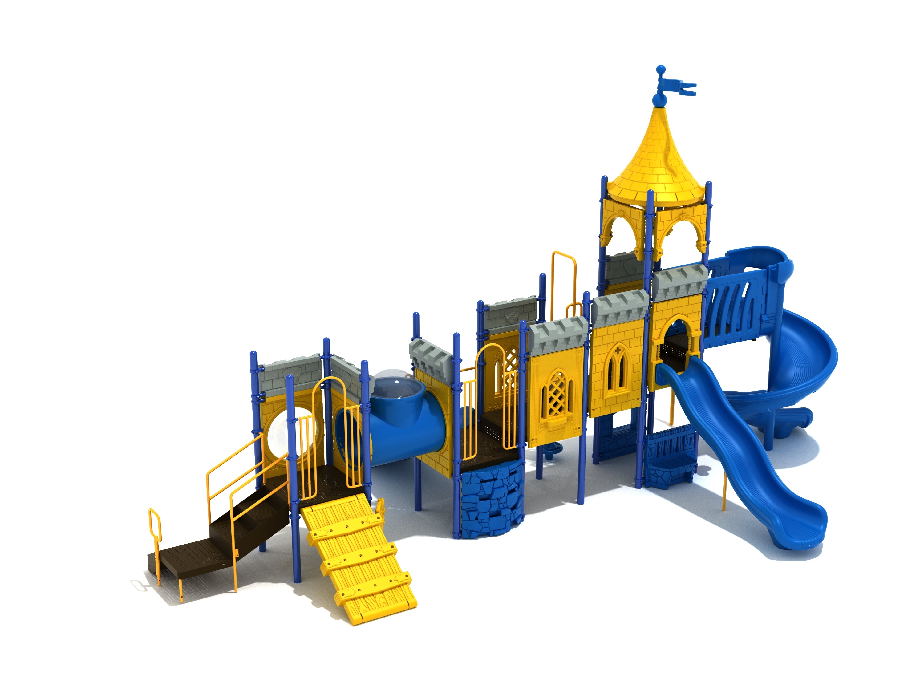 Castle-themed playground with yellow turrets, blue slides, climbing walls, tube bridge, and interactive play panels