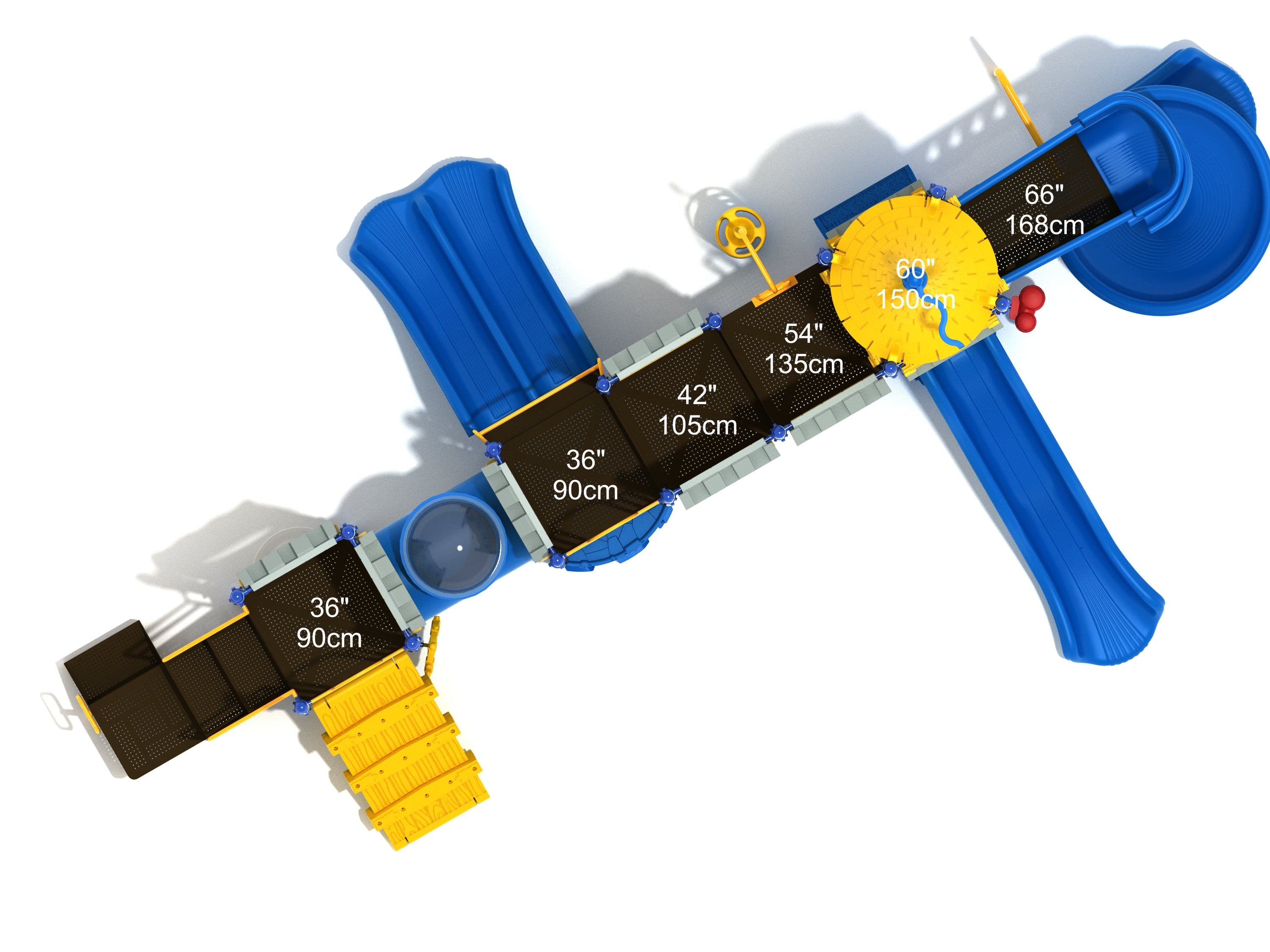 Overhead view of a blue and yellow castle-inspired playground with slides, climbing platforms, tube bridge, and interactive panels