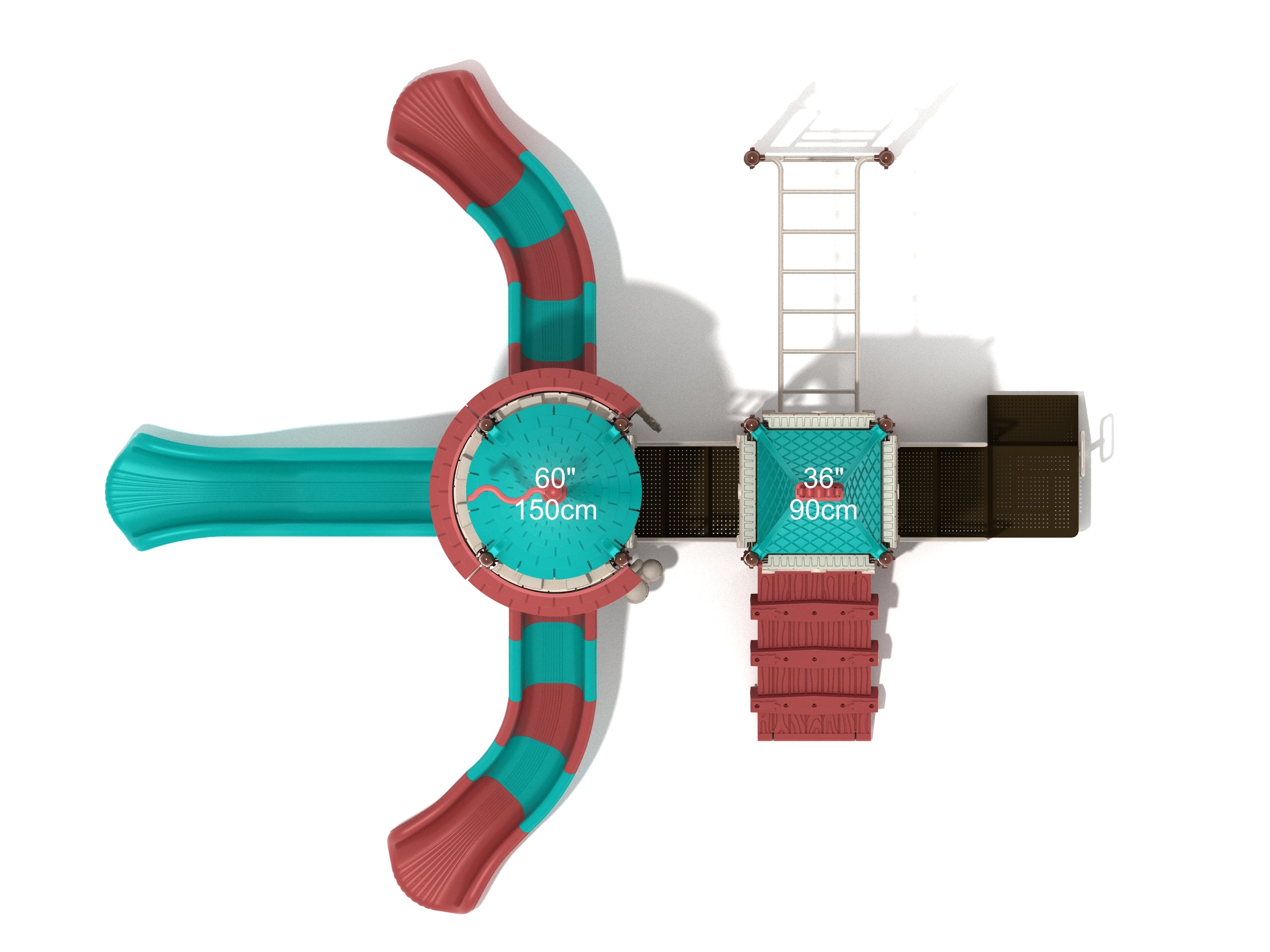 Overhead view of a colorful castle-themed playground with teal and red slides, climbing ladders, and platforms