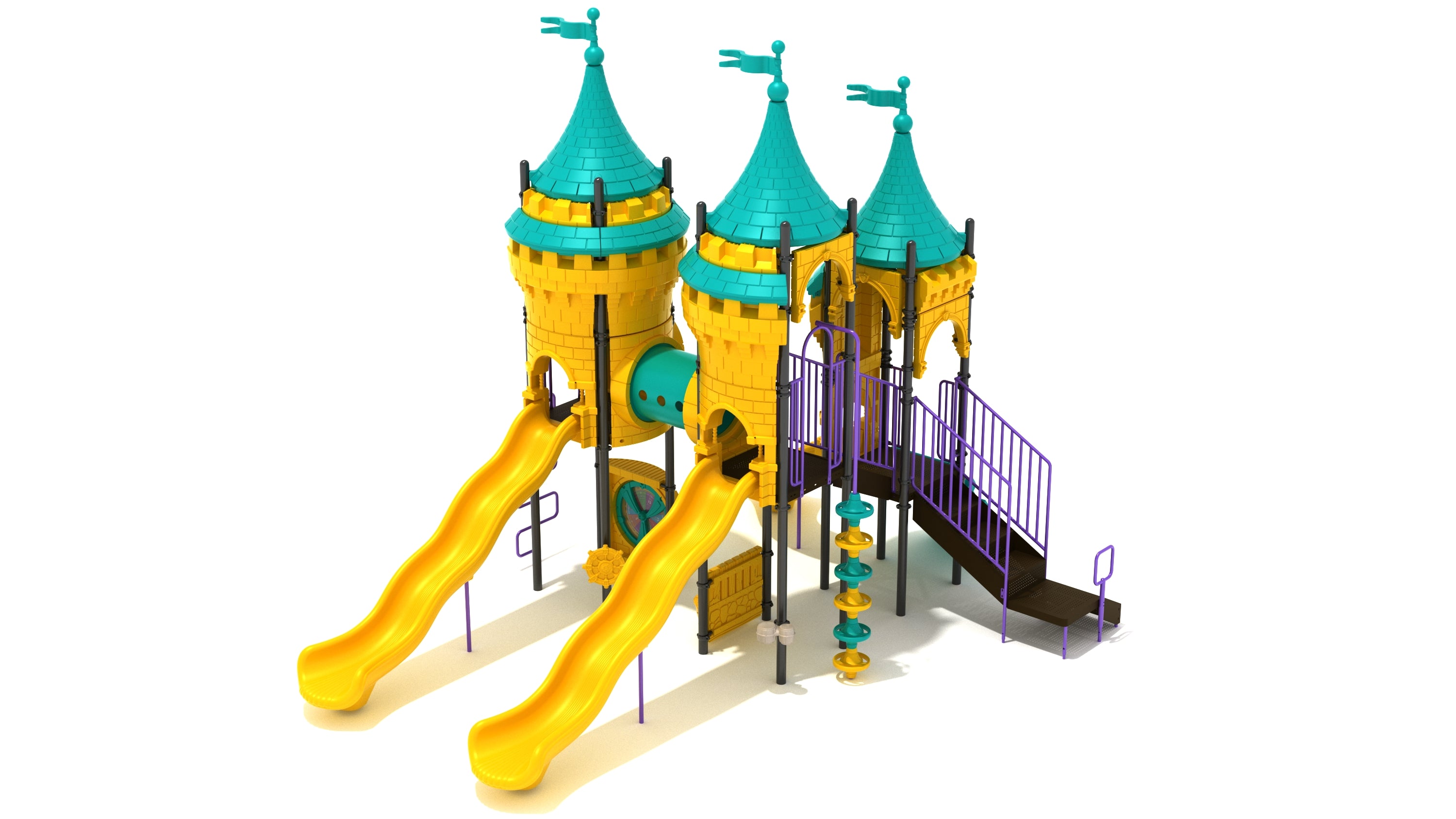 Seaside Spires Playground with castle towers, fluttering flags, yellow wavy slides, purple railings, and interactive play panels