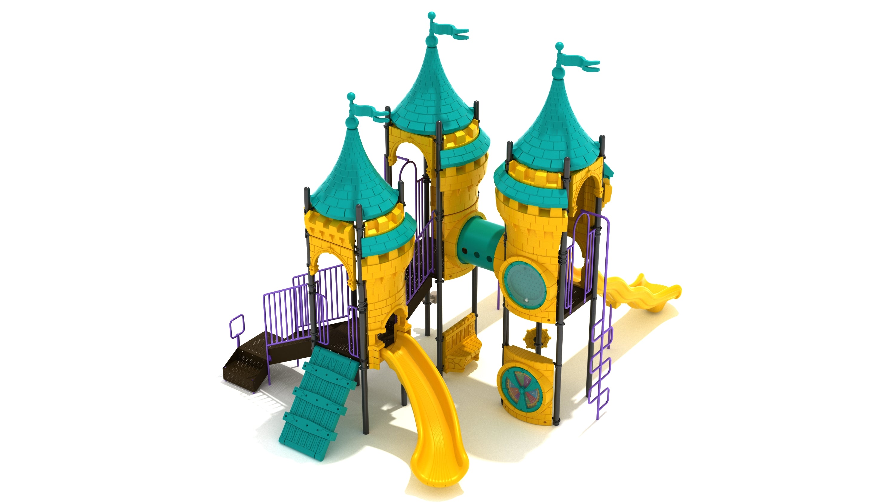 Castle-themed playground with teal spires, yellow curvy slides, climbing panels, purple railings, and interactive play features