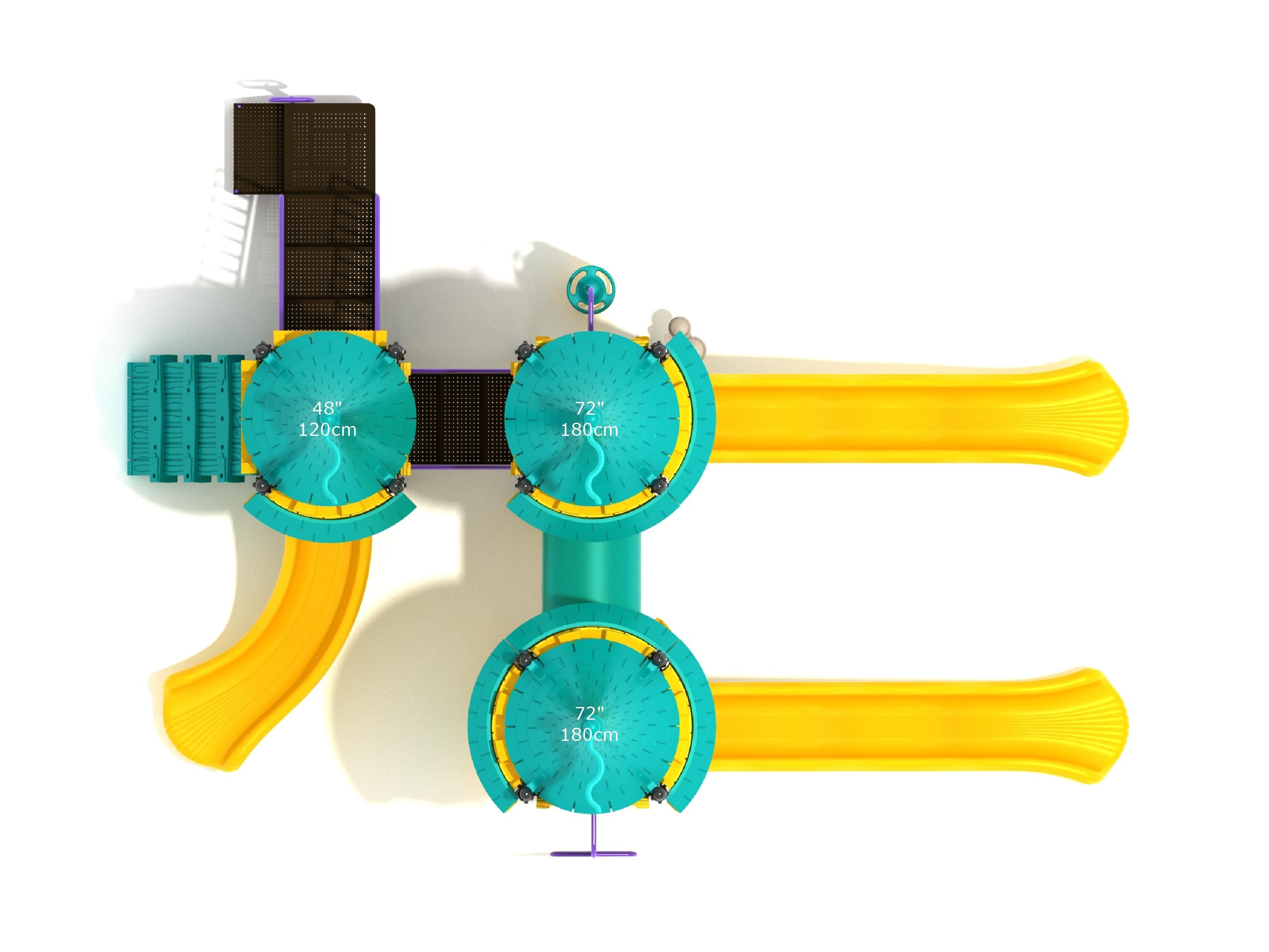 Overhead view of colorful playground with three turquoise castle towers, yellow curvy slides, and connecting bridges