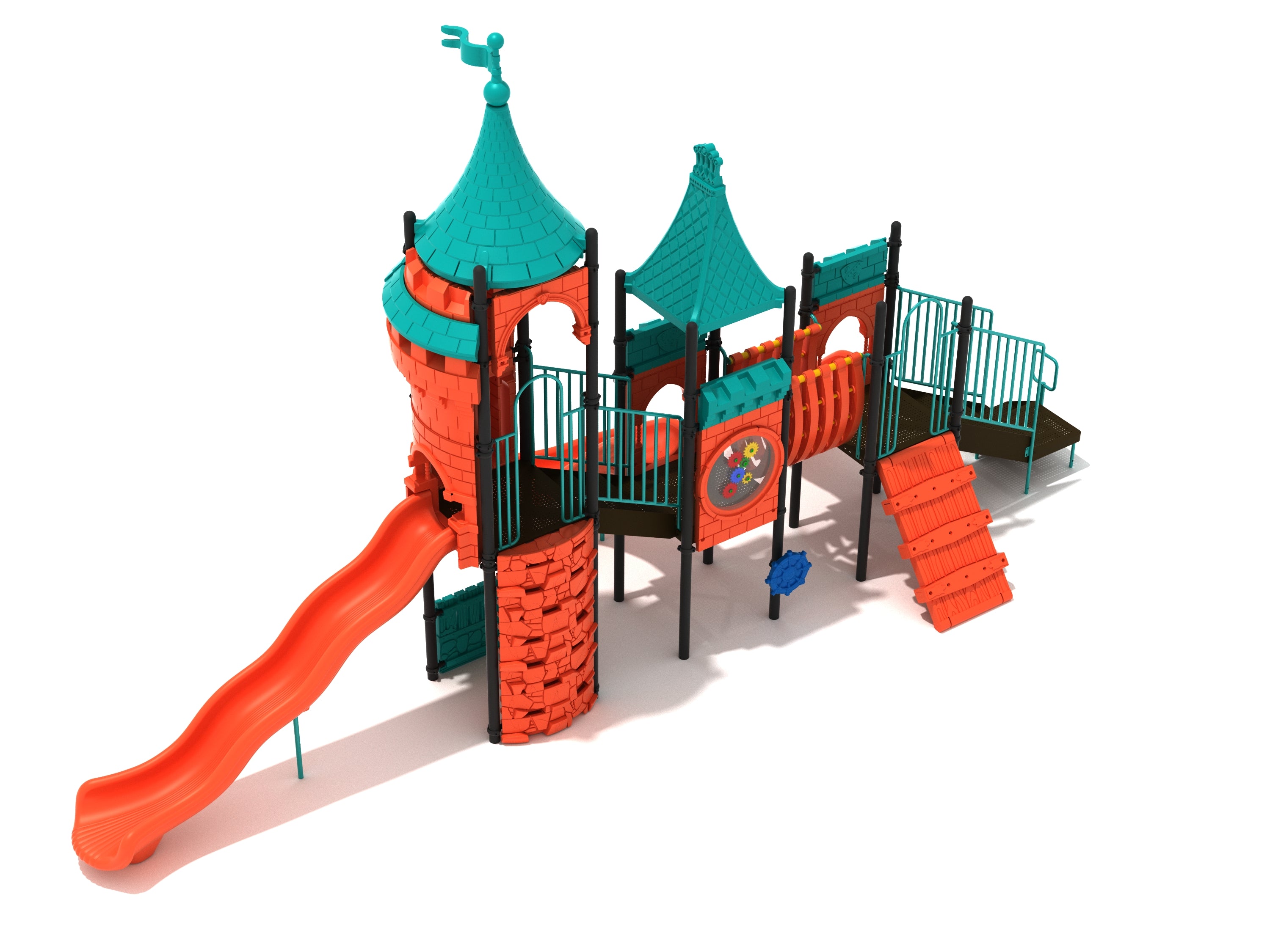 Winter Winds Playground with castle-themed towers, bright orange and teal slides, climbers, interactive panels, and play features