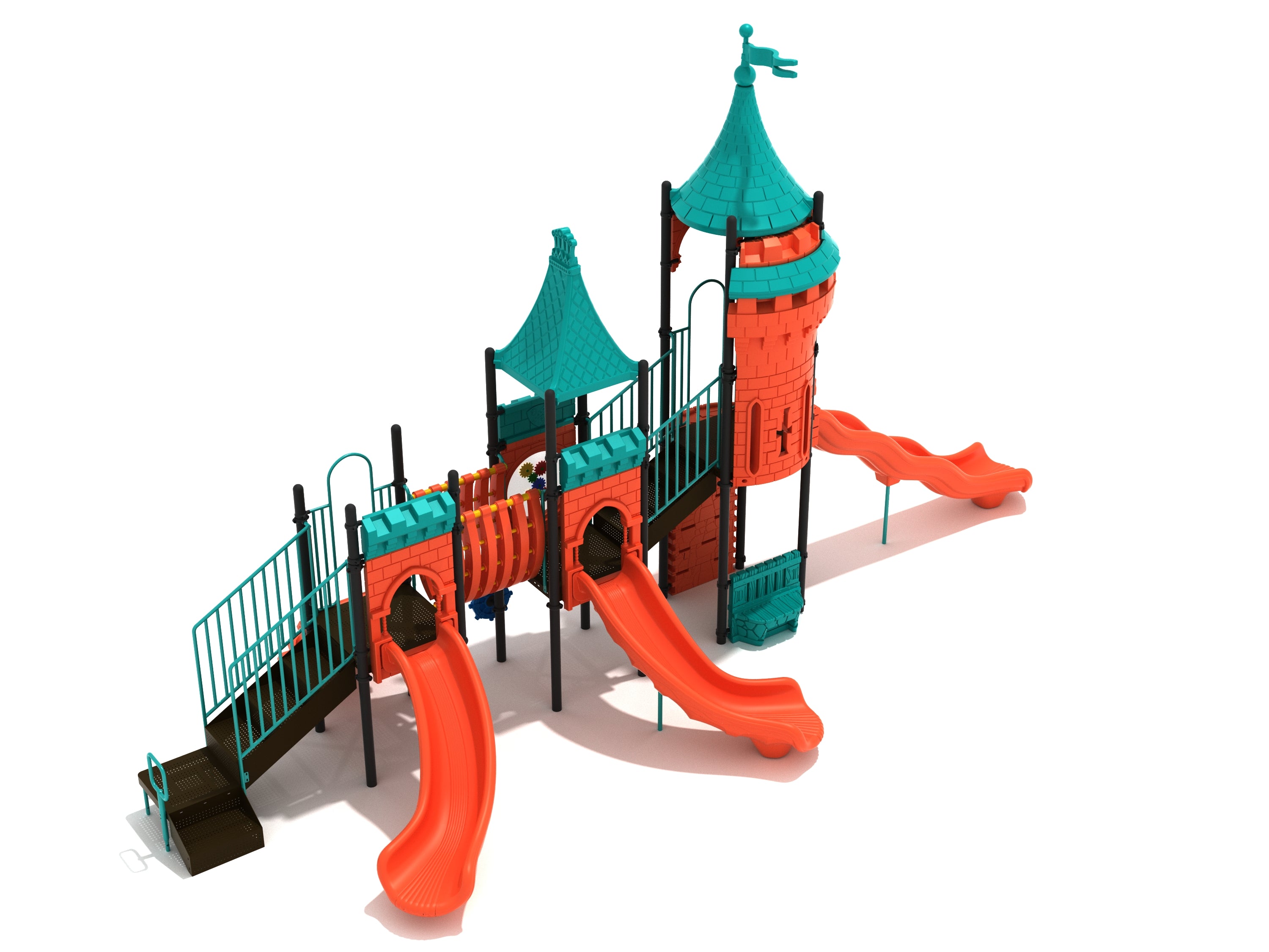 Castle-themed playground with teal roofs, orange slides, climbing structures, interactive panels, and a bench panel.