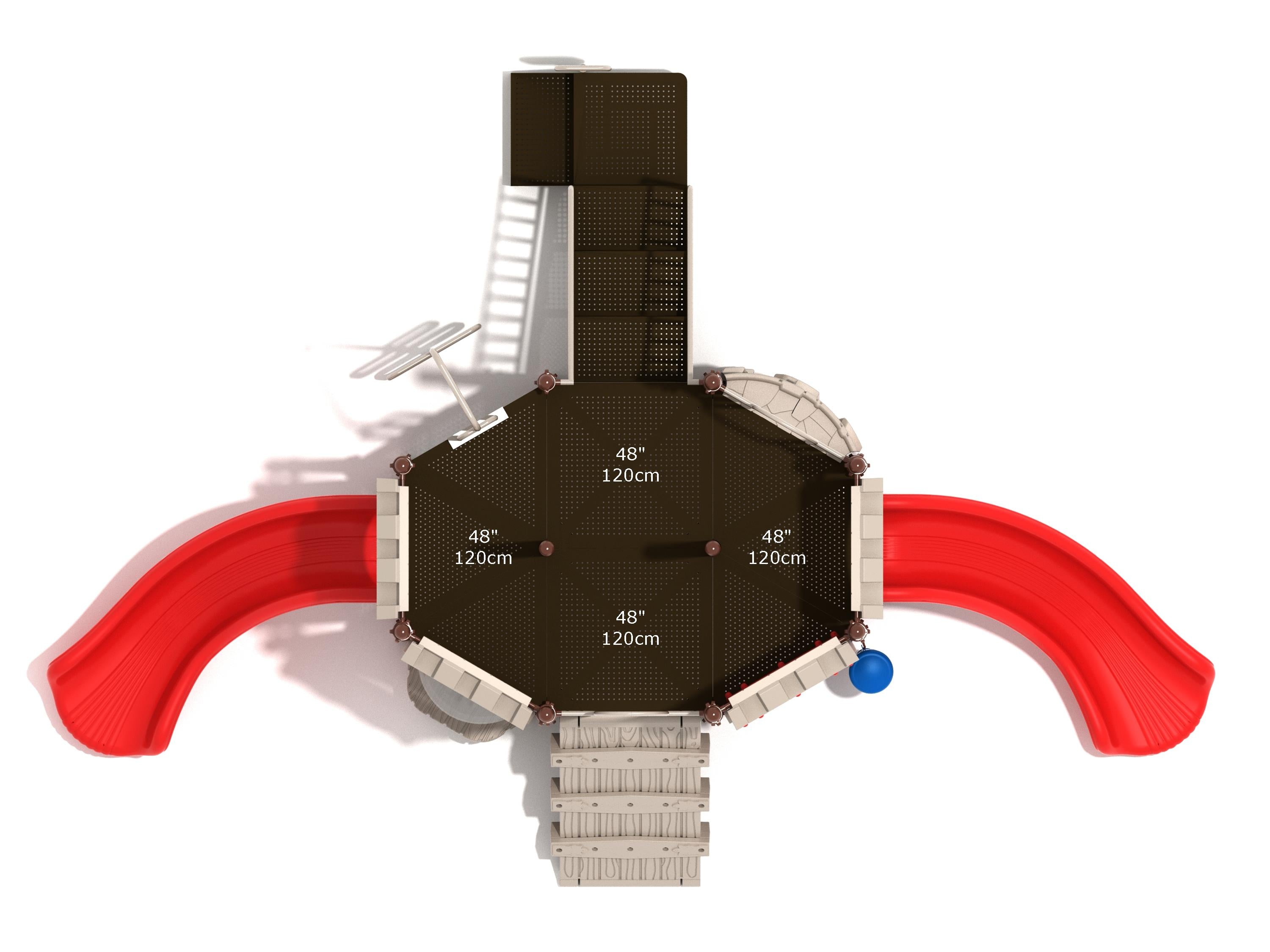 Overhead view of a castle-themed playground with two red curved slides, climbing ladder, and interactive play panels