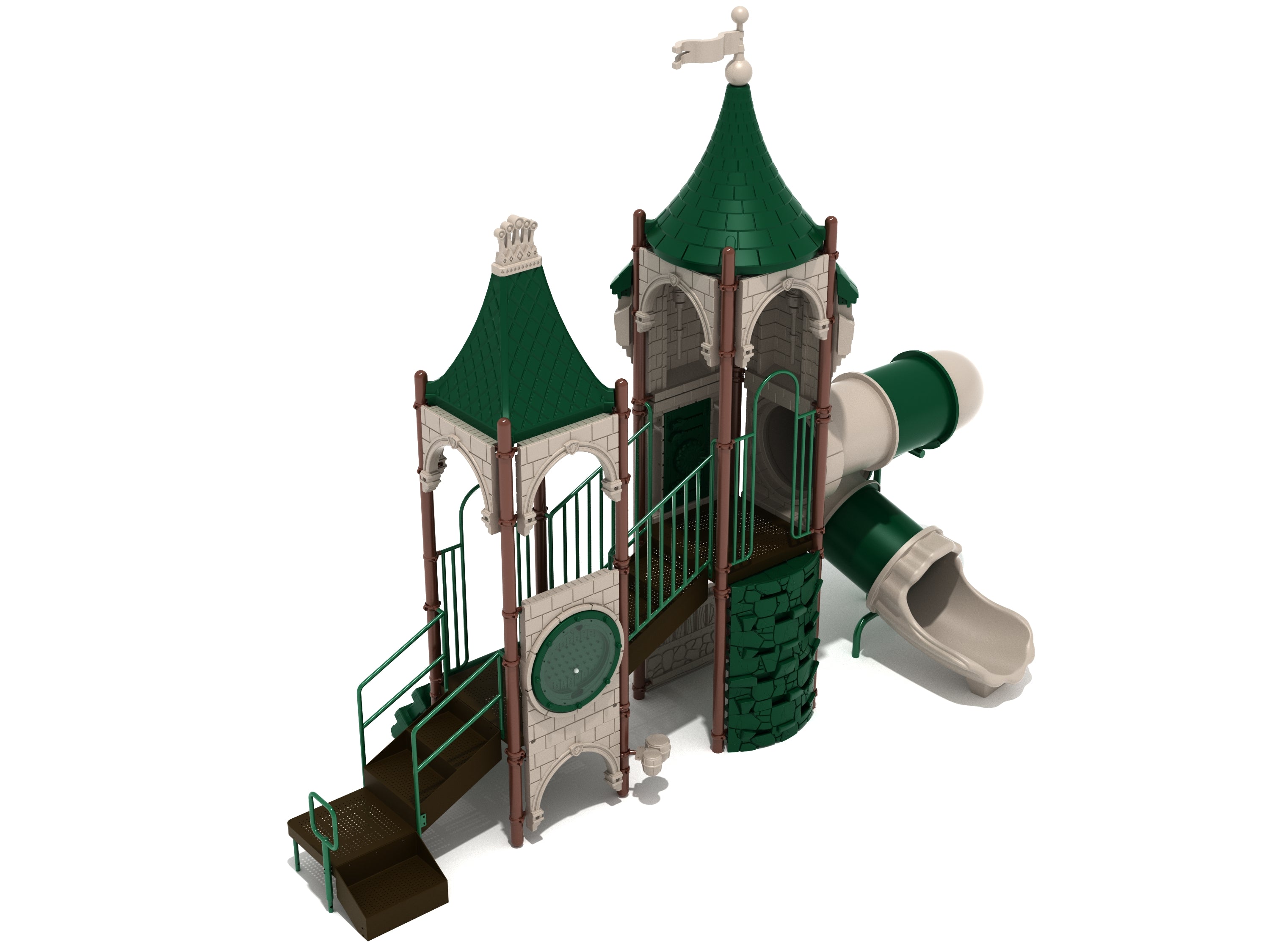 Cordial Castle Playground with green turret roofs, stone-textured panels, climbing wall, stairs, and spiral tube slide