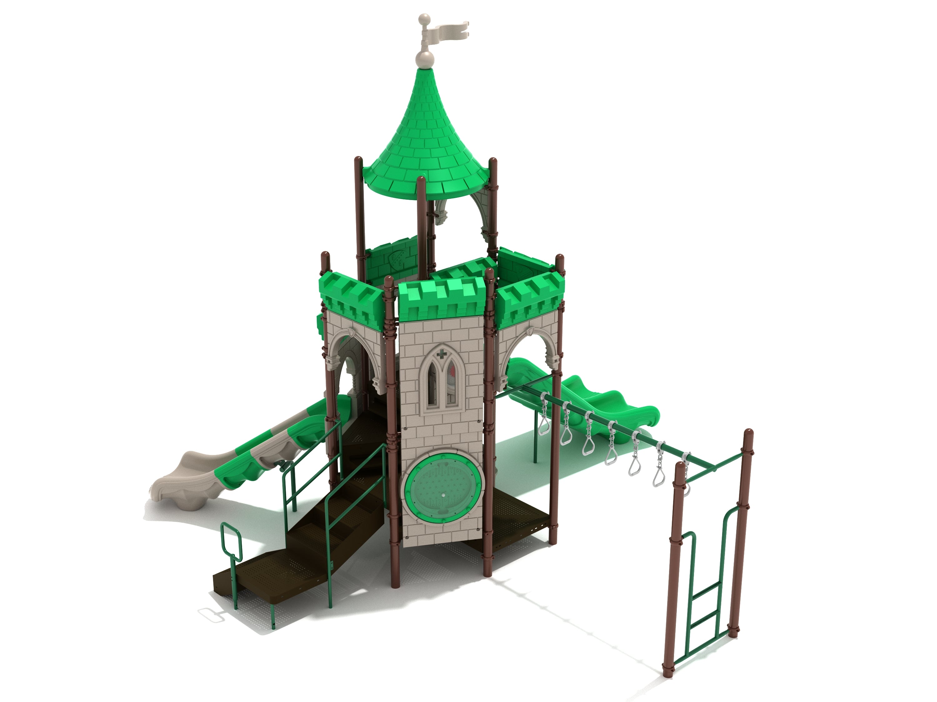 Castle-themed playground with green turret, double slides, climbing ramp, and overhead swinging rings for active play and imagination.