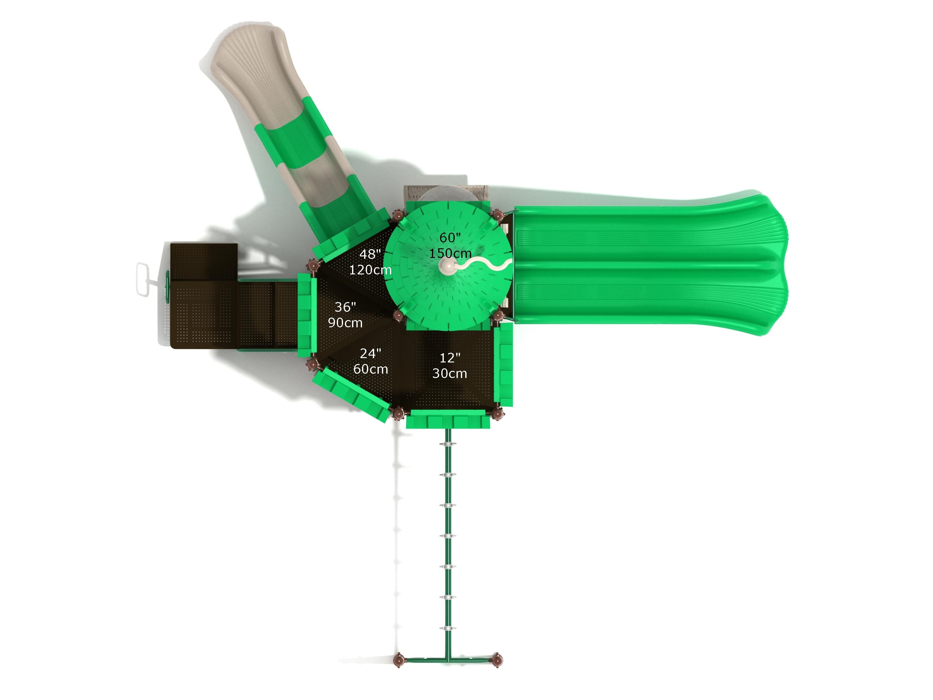 Overhead view of a green and beige castle-themed playground with double and straight slides, climbing bars, and platforms