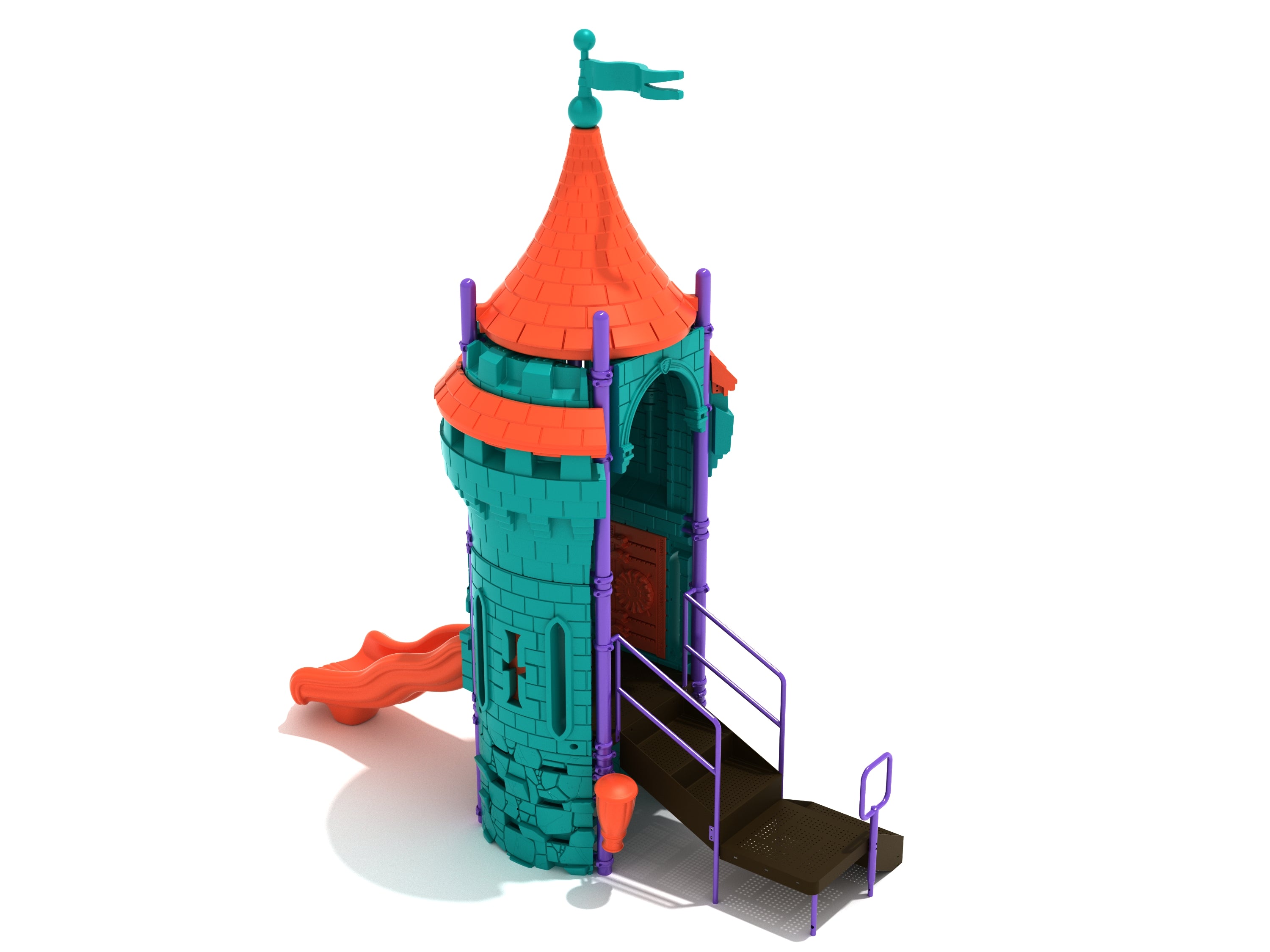 Castle-themed playground tower with orange wave slide, teal walls, purple railings, and a flag on top