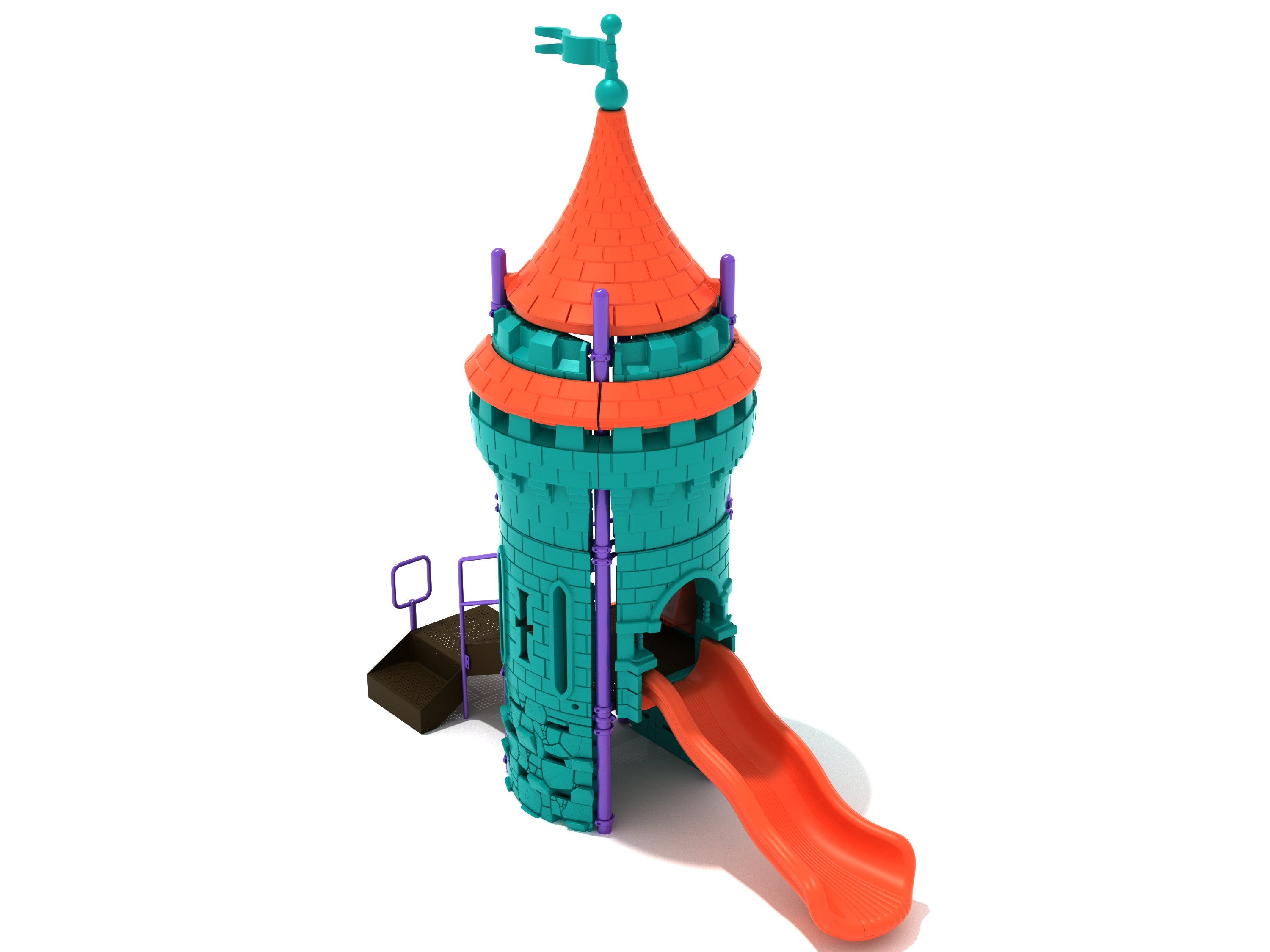 Jolly Court Jester Playground castle-themed play structure with teal tower, orange wave slide, purple accents, and interactive panels