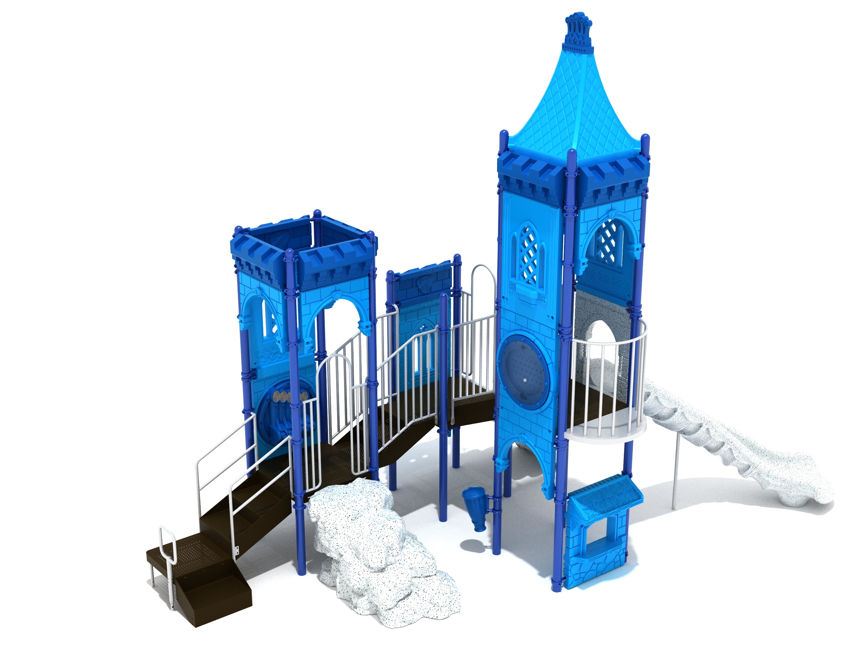 Blue castle-themed playground with towers, rock climber, slide, and interactive panels for imaginative play