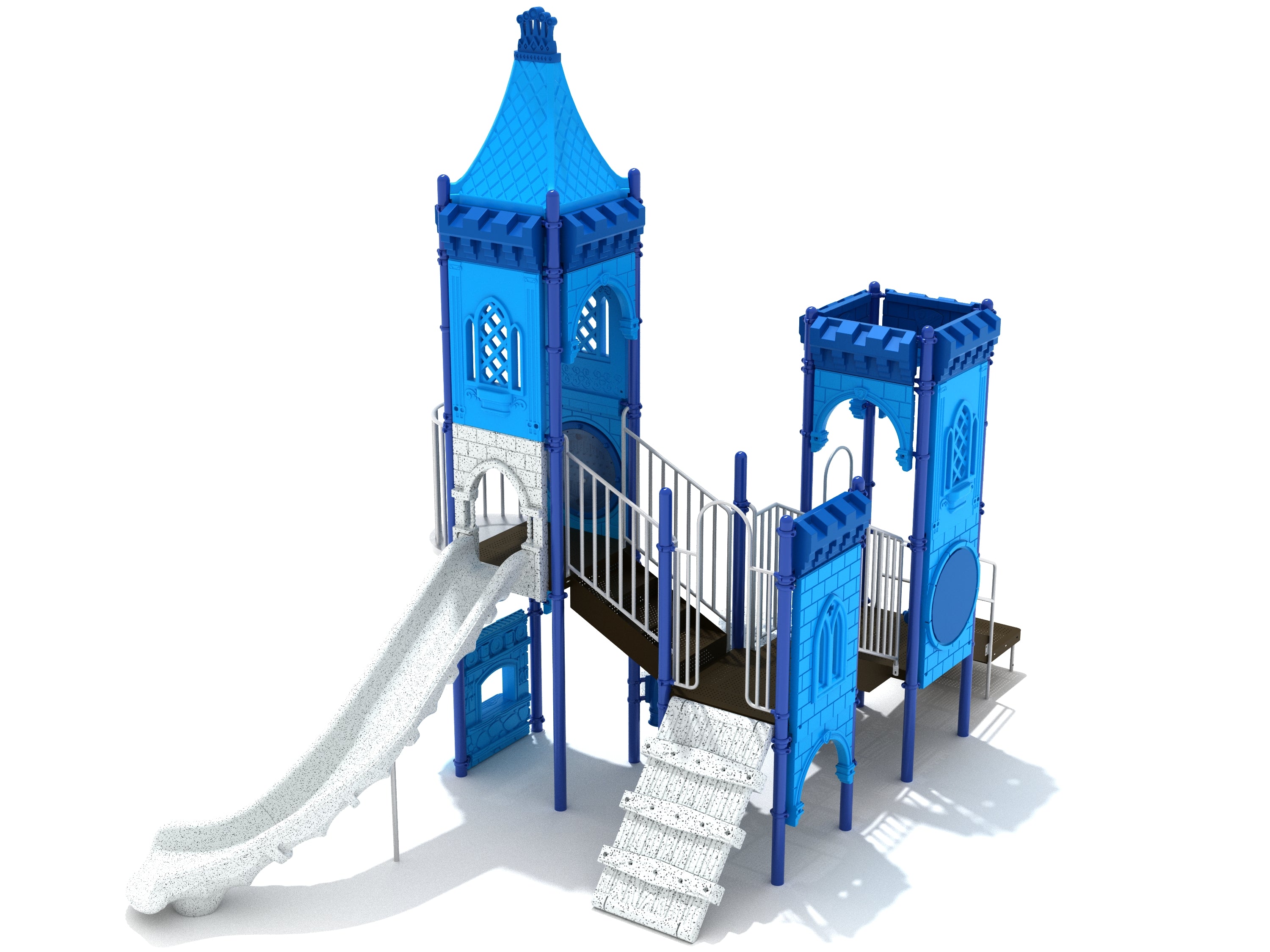 Samhain Siege Playground with blue castle towers, white right turn slide, climbers, and interactive play panels for imaginative outdoor play