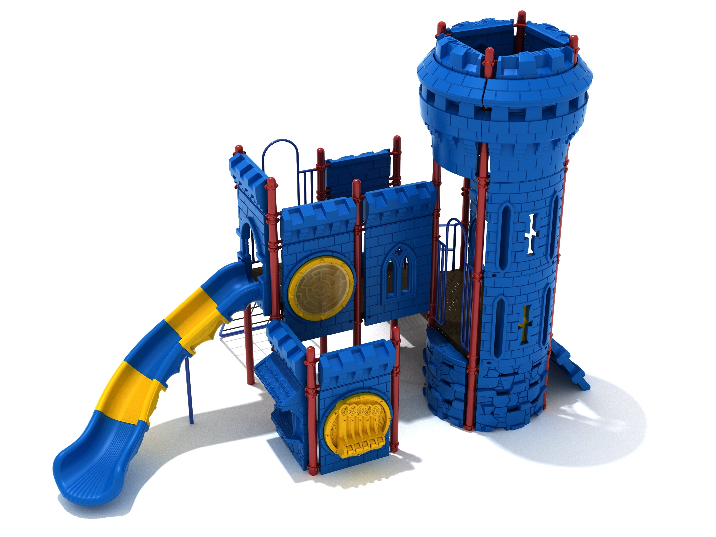 Albion Abbey Playground with castle turret, battlement walls, yellow-blue slide, cargo net climbers, and interactive play panels