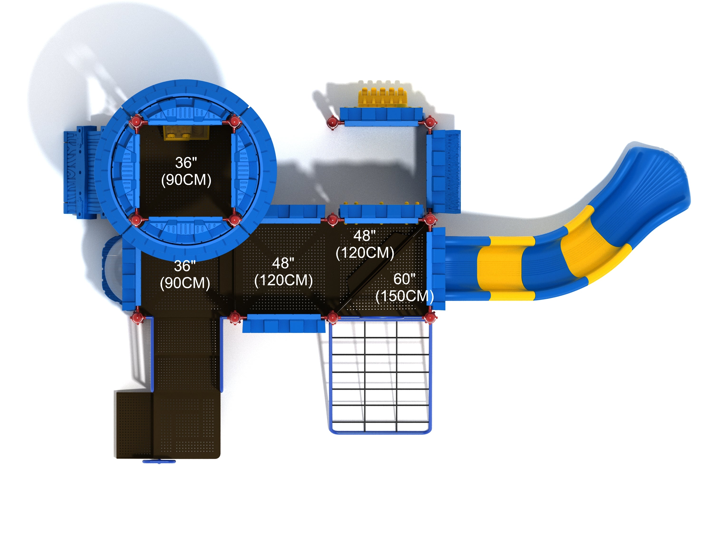 Overhead view of blue and yellow castle-themed playground with turret, battlements, cargo net climber, and curved slide
