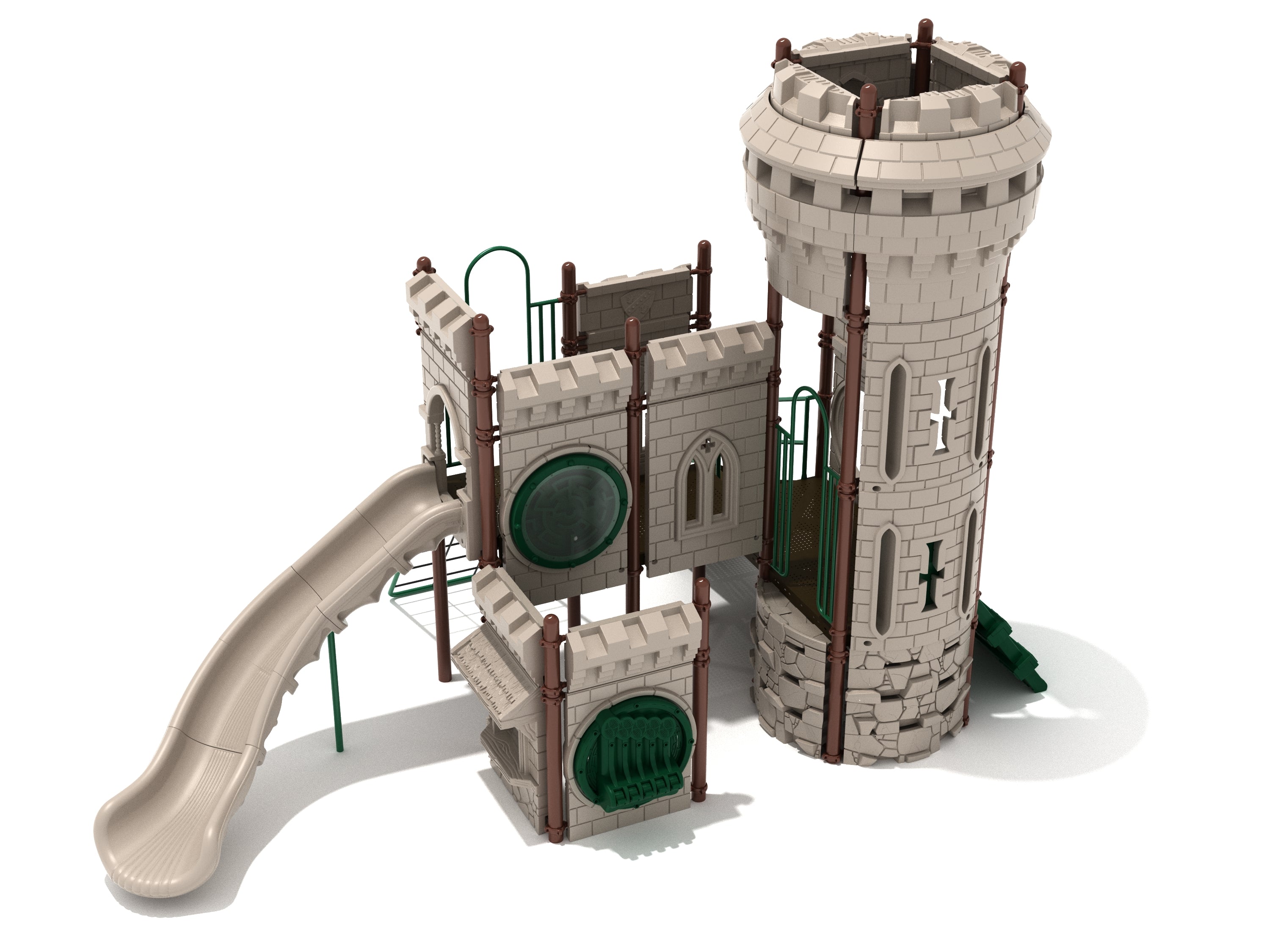 Castle-themed playground with turret, battlements, left-turn slide, cargo net, climbers, bubble window, and chime panel