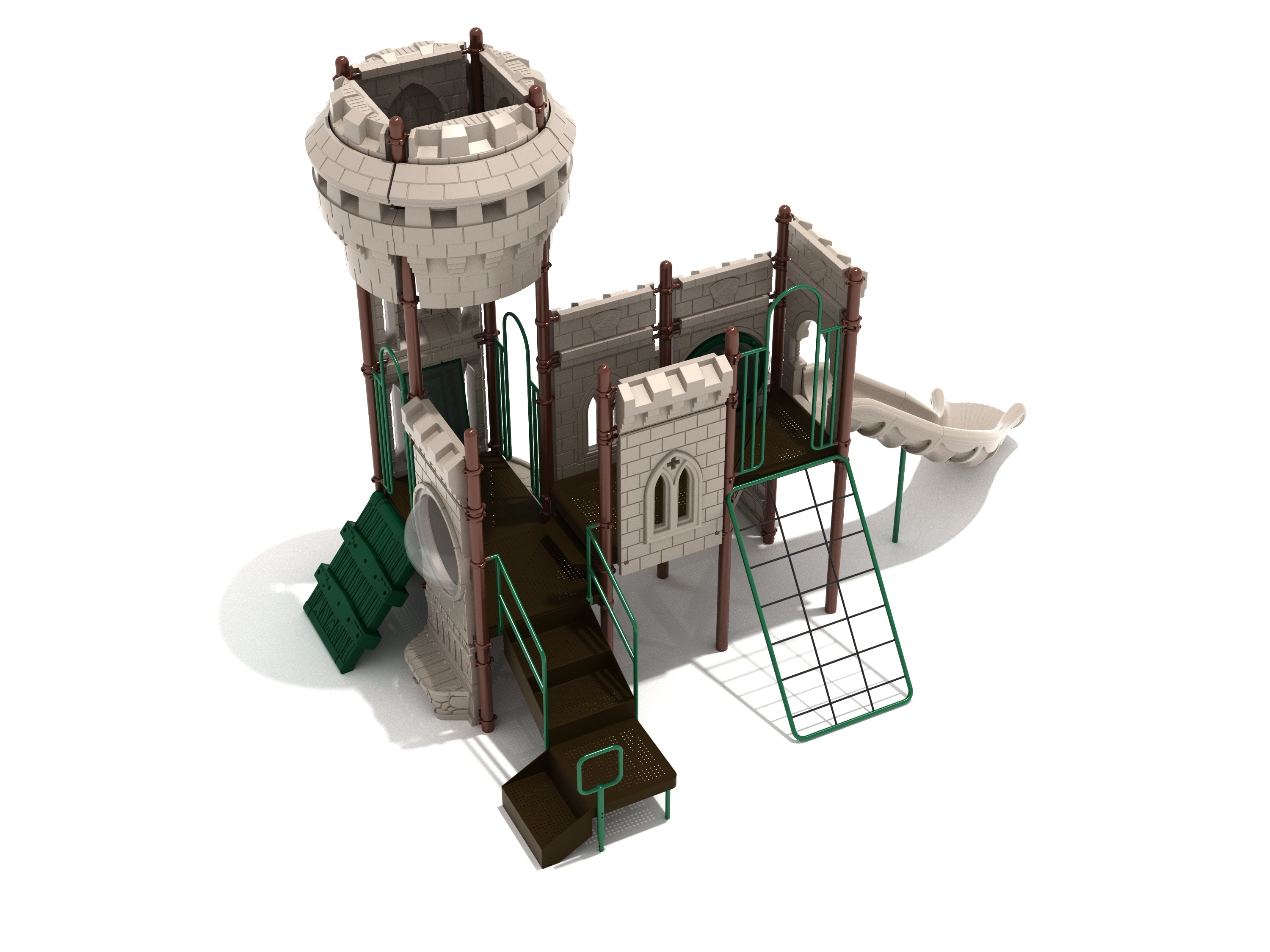 Castle-themed playground with turret, battlement walls, cargo net climber, arched panels, and left-turn slide.