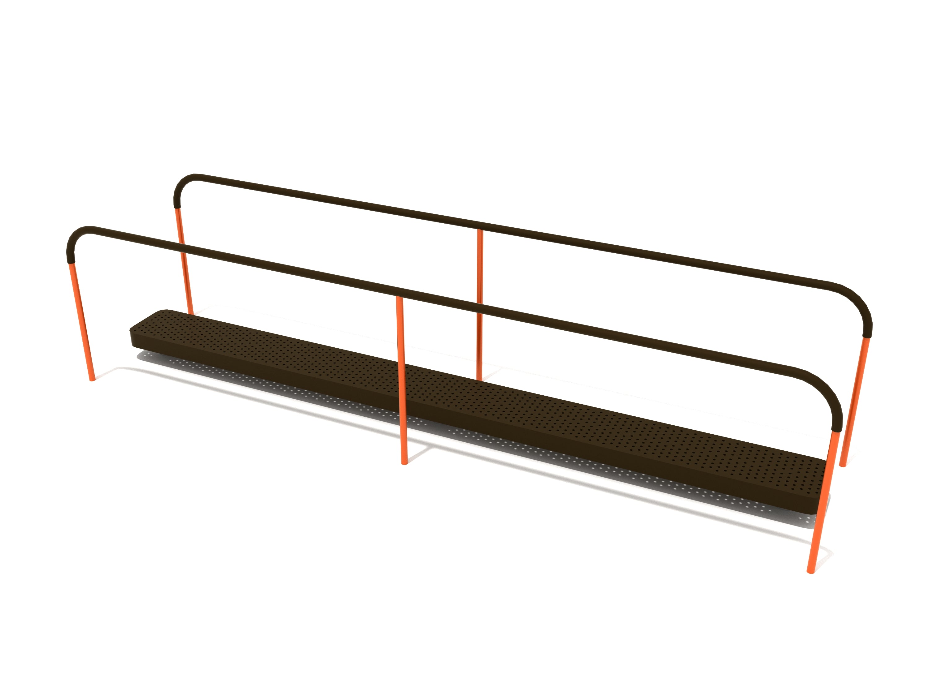 Outdoor fitness balance beam with perforated platform and bright orange handrails for stability and traction