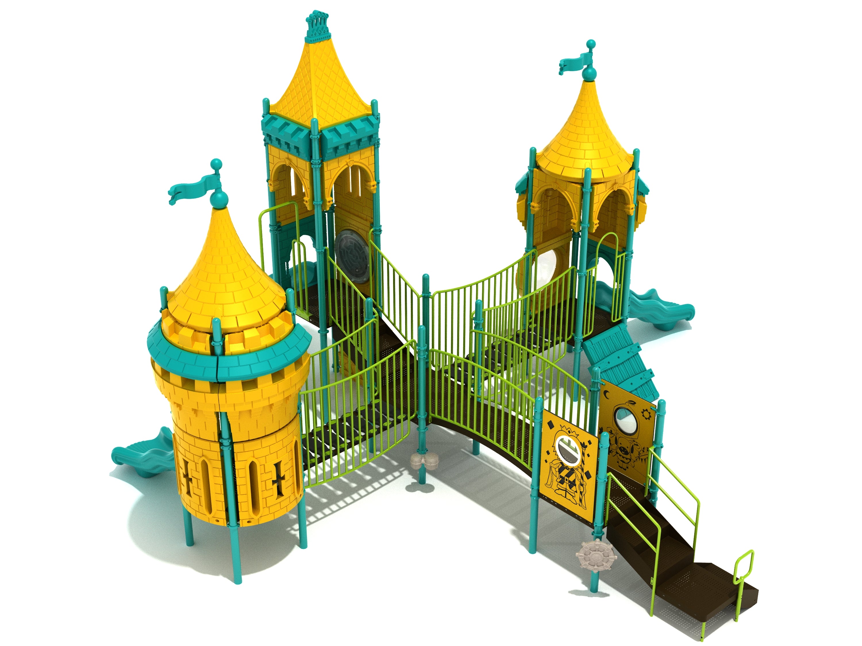 Ermine Estate Playground castle-themed play system with yellow turrets, green bridges, slides, and interactive panels for active, imaginative play