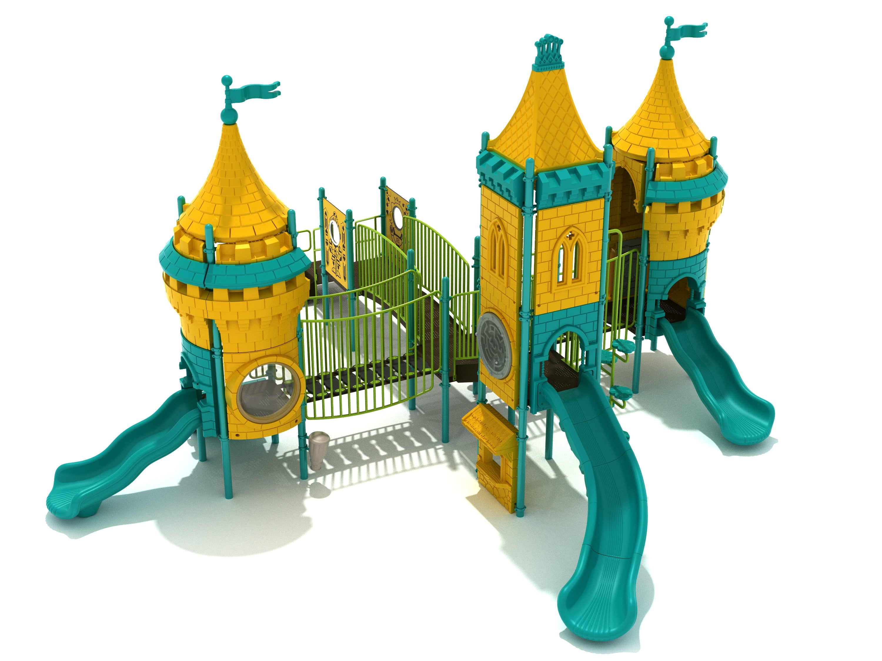 Castle-themed playground with yellow turrets, teal slides, climbing bridges, and interactive play panels